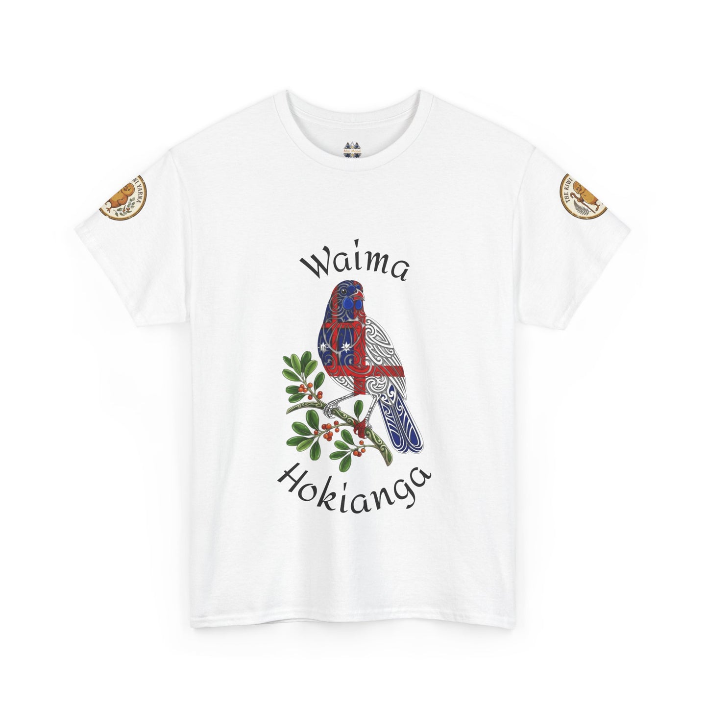 White graphic T-shirt with bird and flowers print, crewneck, logo patch on sleeves