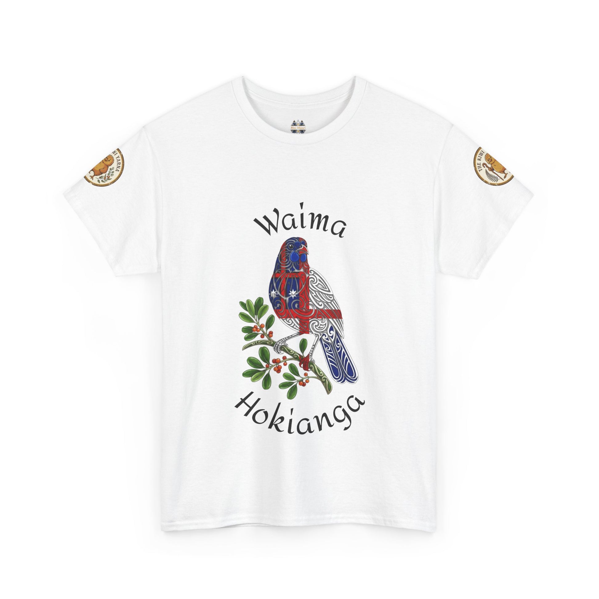 White graphic T-shirt with bird and flowers print, crewneck, logo patch on sleeves