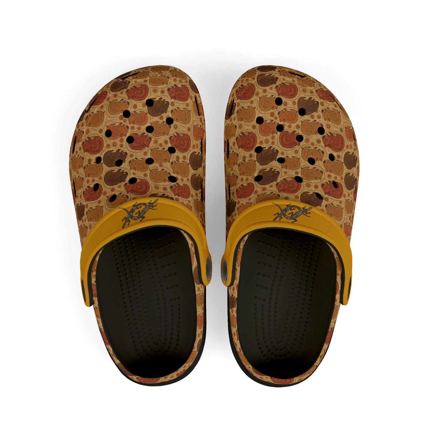 Patterned clog shoes with yellow strap and dark interior, front view.