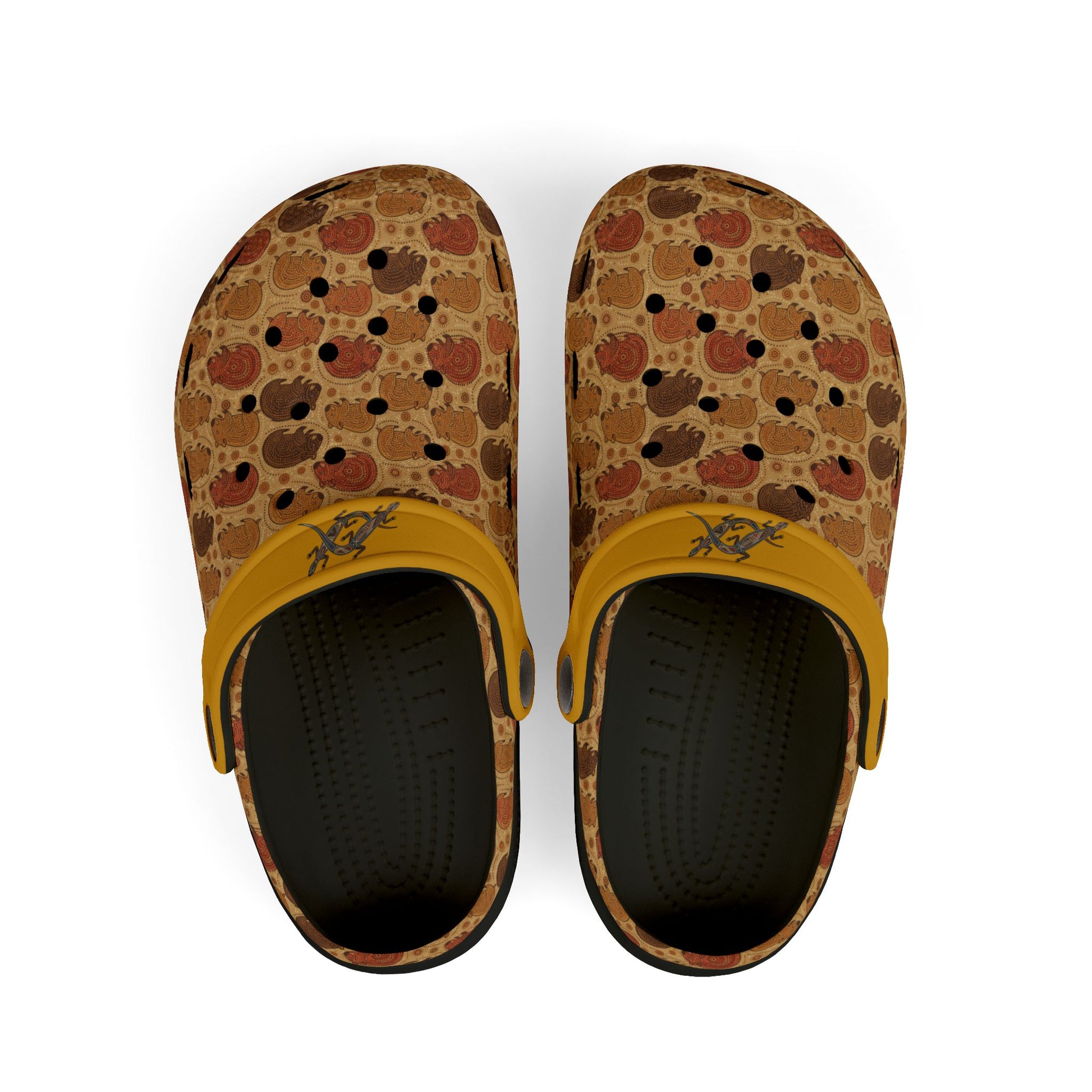 Patterned clog shoes with yellow strap and dark interior, front view.