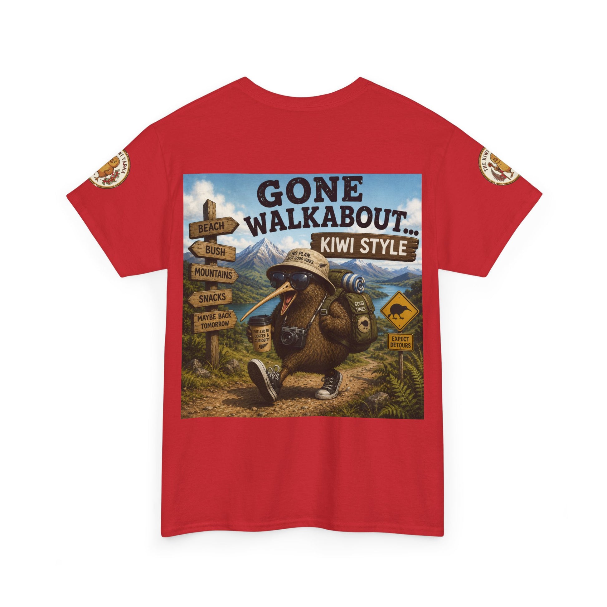 Red crew-neck short-sleeve T-shirt with large front graphic and patterned sleeve patch.