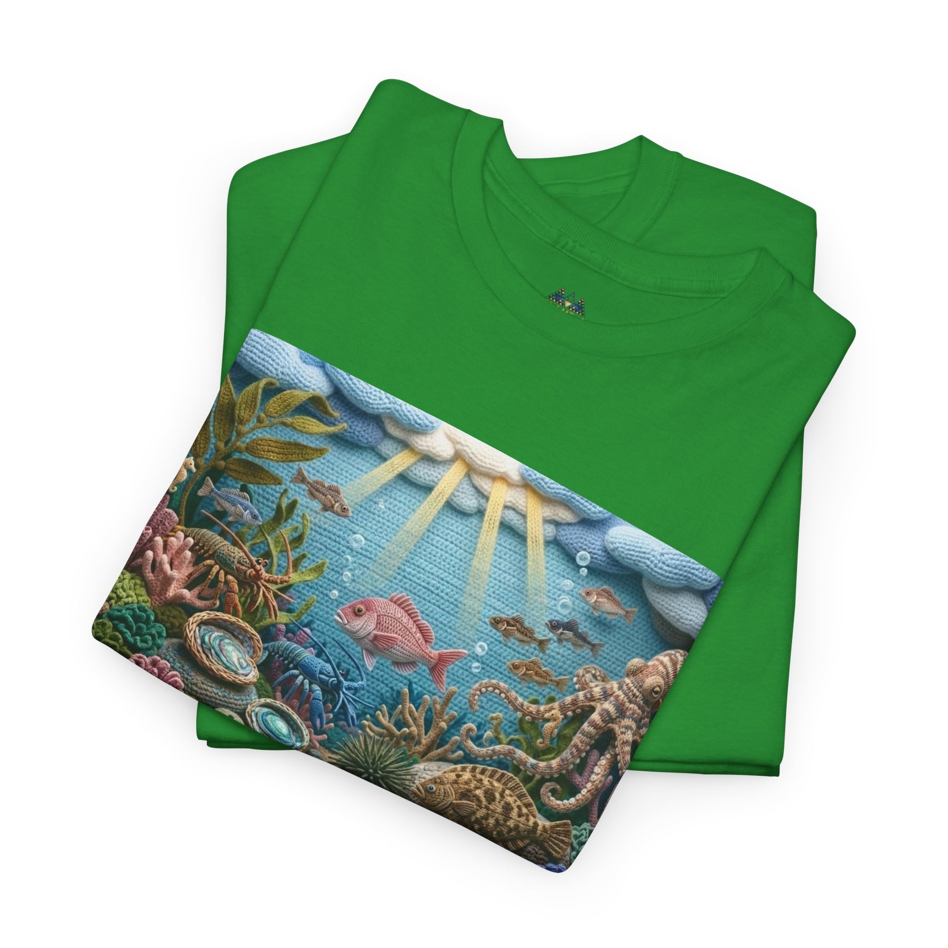 Green short-sleeve T-shirt with undersea graphic panel across the chest