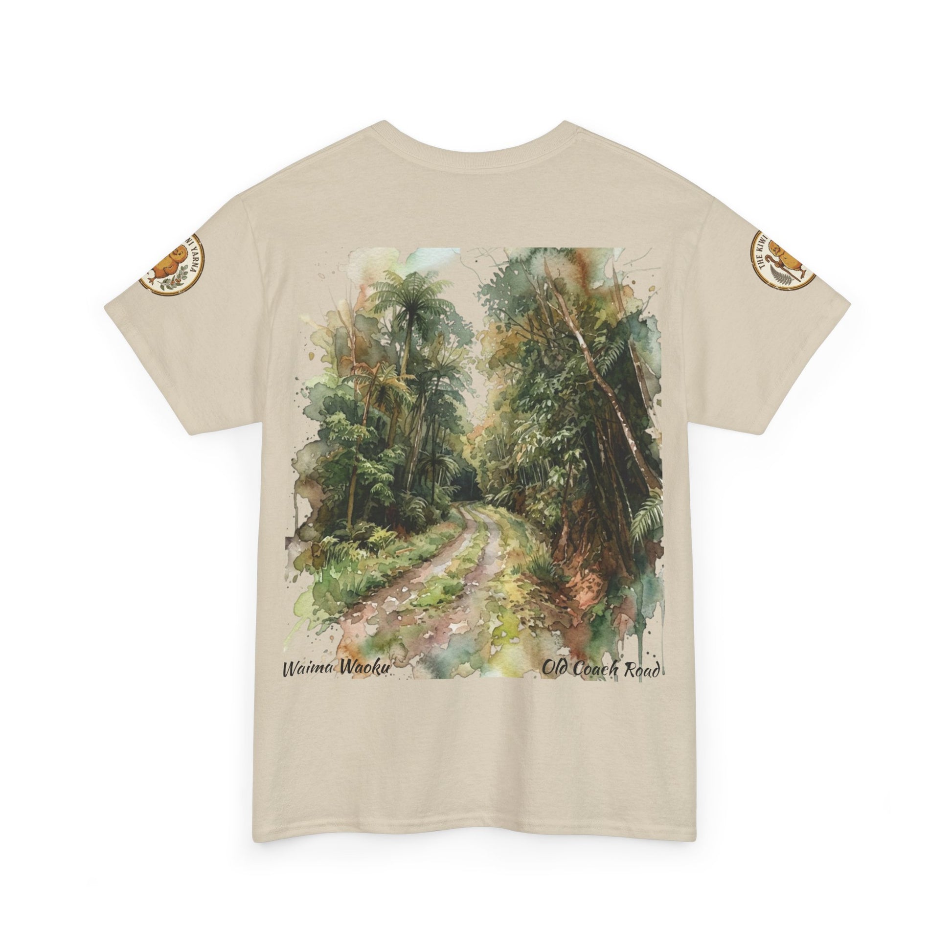 Cream T-shirt with large forest path landscape print on the front and circular sleeve patches