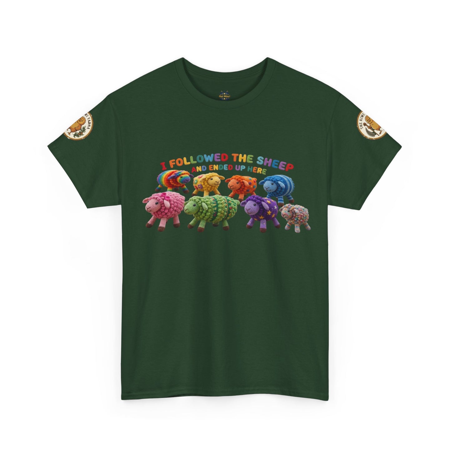 Forest green crew-neck graphic T-shirt with colorful sheep crowd print and small circular sleeve badges