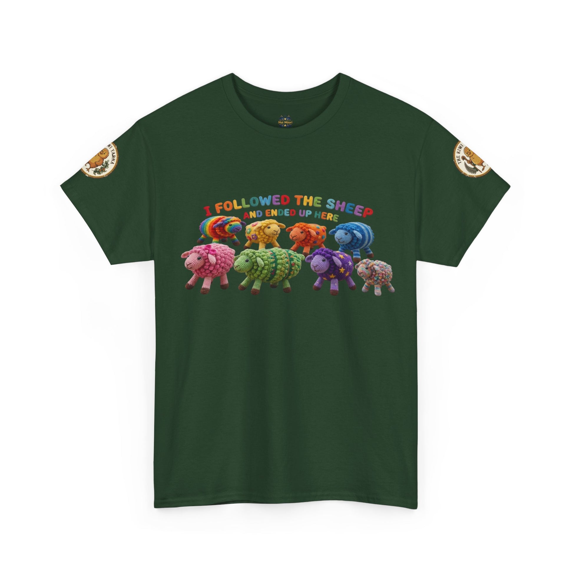 Forest green crew-neck graphic T-shirt with colorful sheep crowd print and small circular sleeve badges