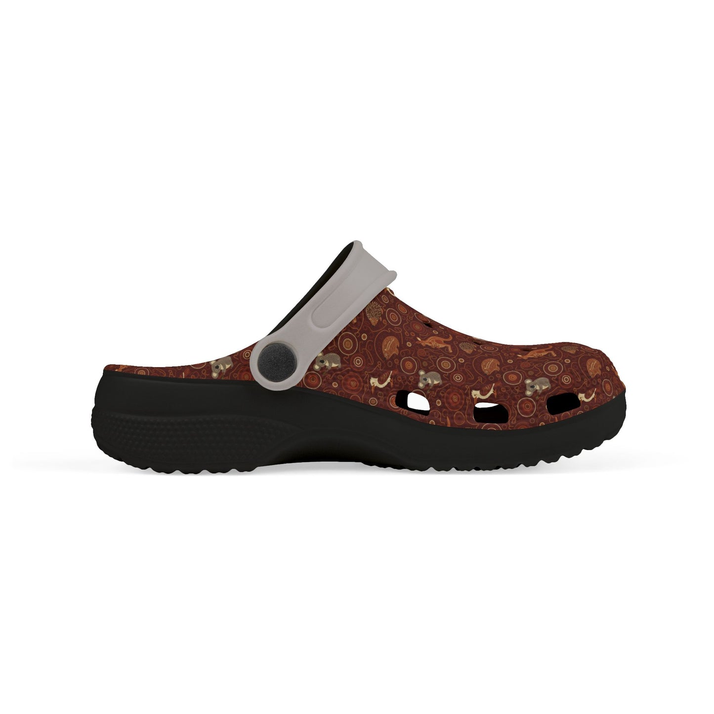 Printed casual clog shoes profile view, maroon-brown upper with white strap and black sole.