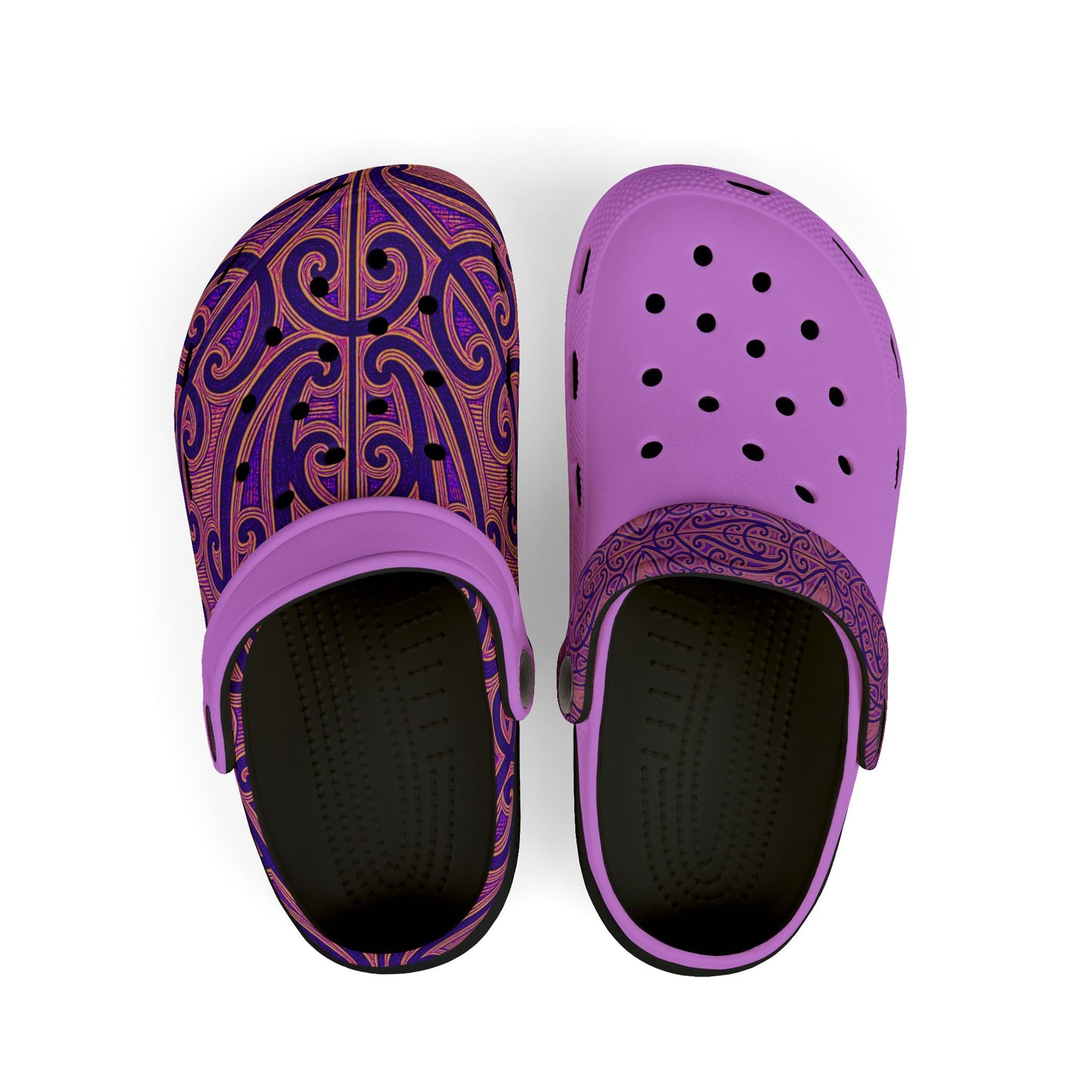 Tauira clogs, purple slip-on with ornate blue/purple upper and open heel with holes