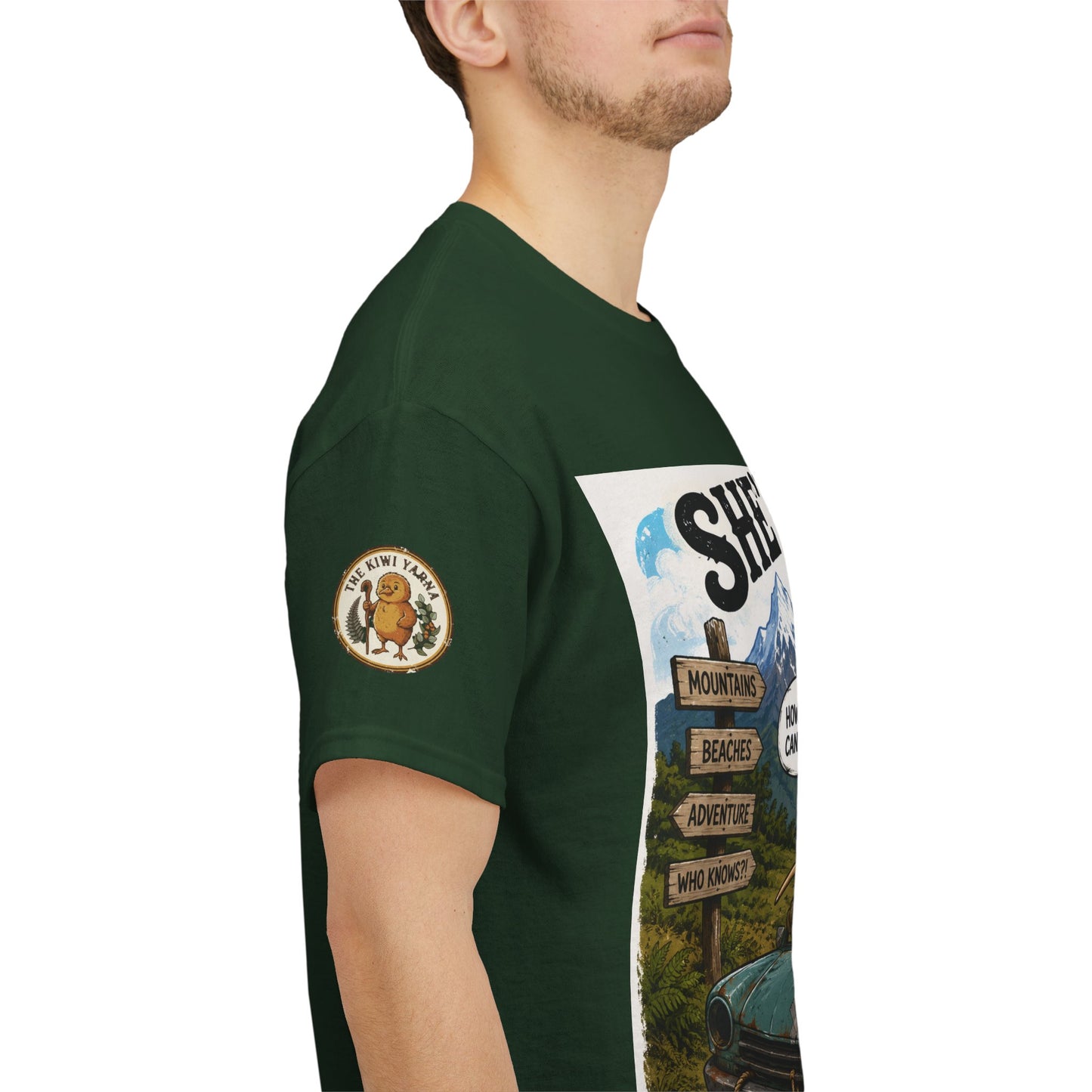 Green graphic T-shirt side view with round sleeve logo patch