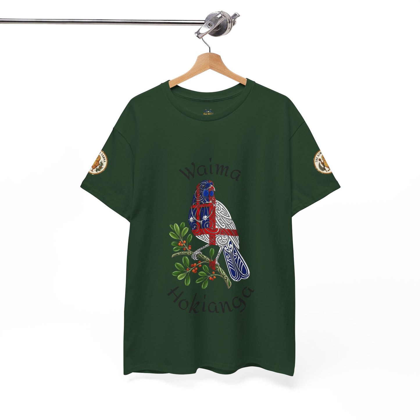 Dark green graphic T-shirt with bird emblem, “Wai…” and sleeve patches