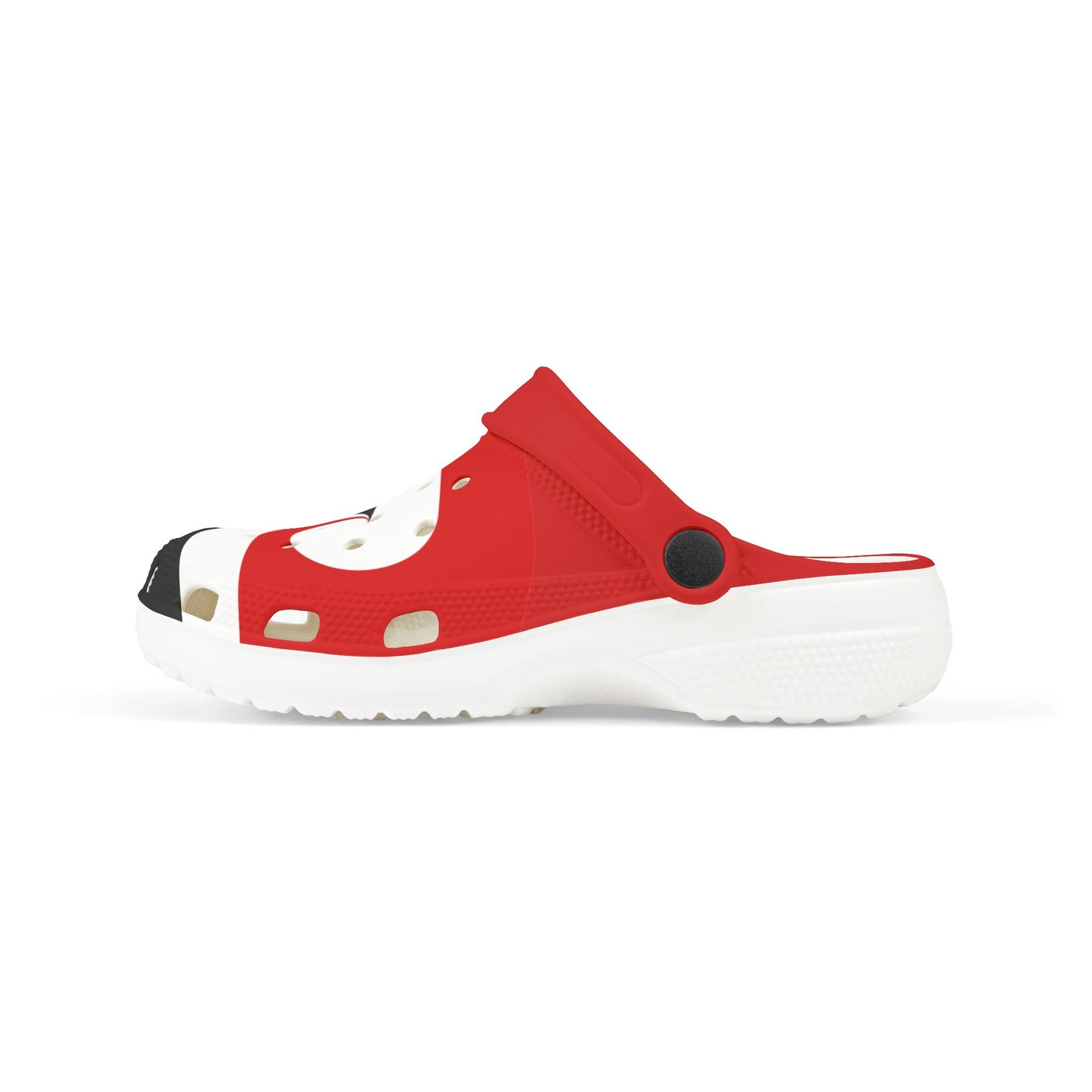 Red and black slip-on clog with white graphic, round vent, and chunky outsole