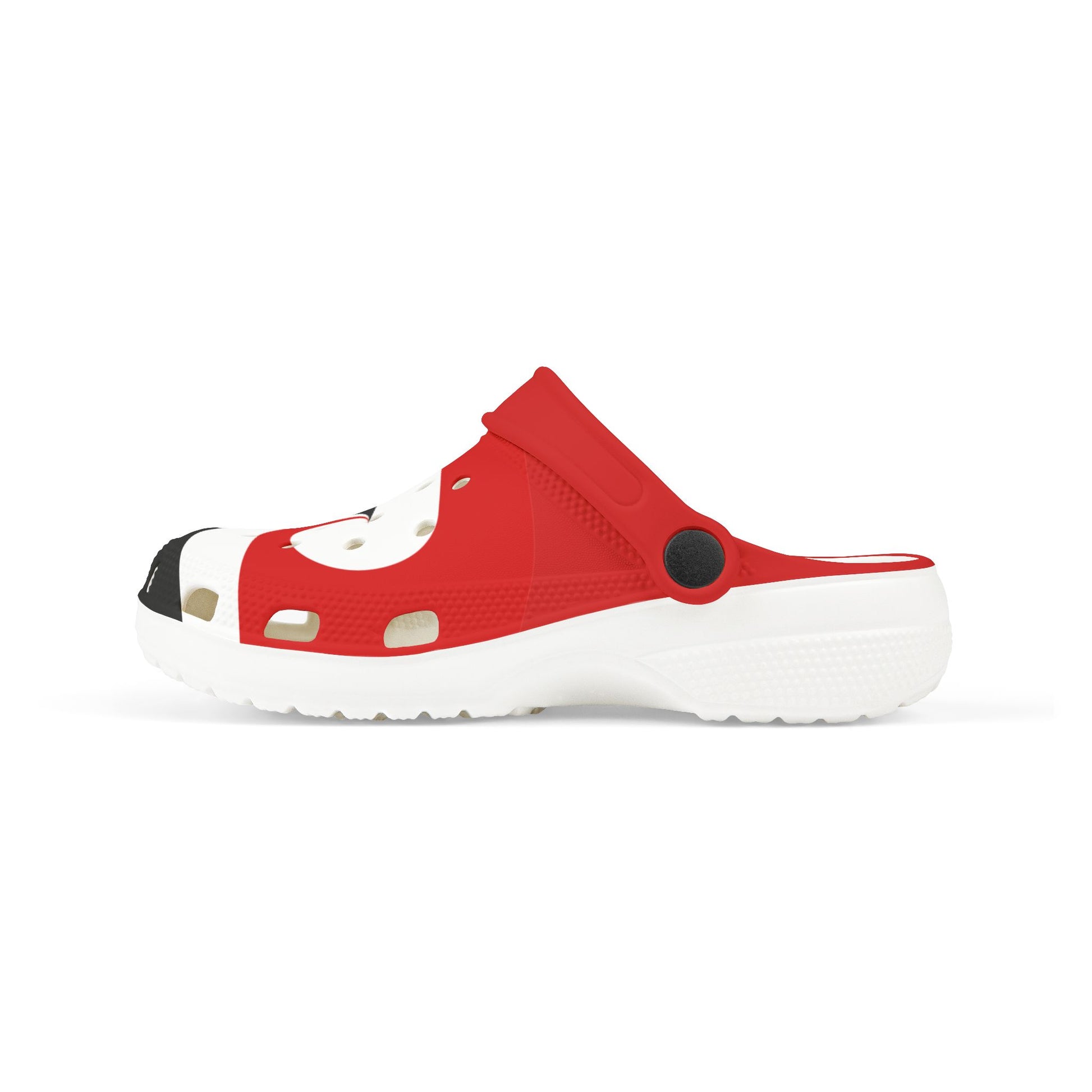 Red and black slip-on clog with white graphic, round vent, and chunky outsole