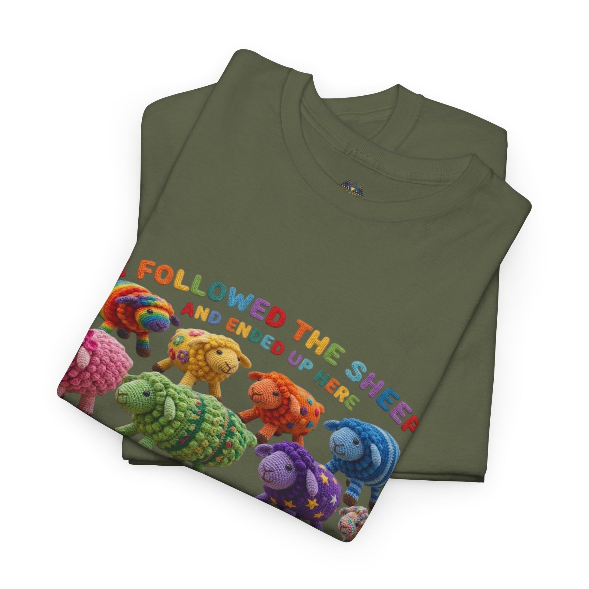 Olive green T-shirt with sheep lineup graphic and crew neckline