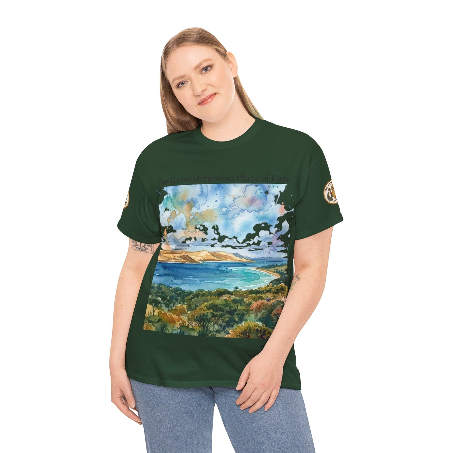 Hokianga Harbour graphic T-shirt in dark green with front landscape print