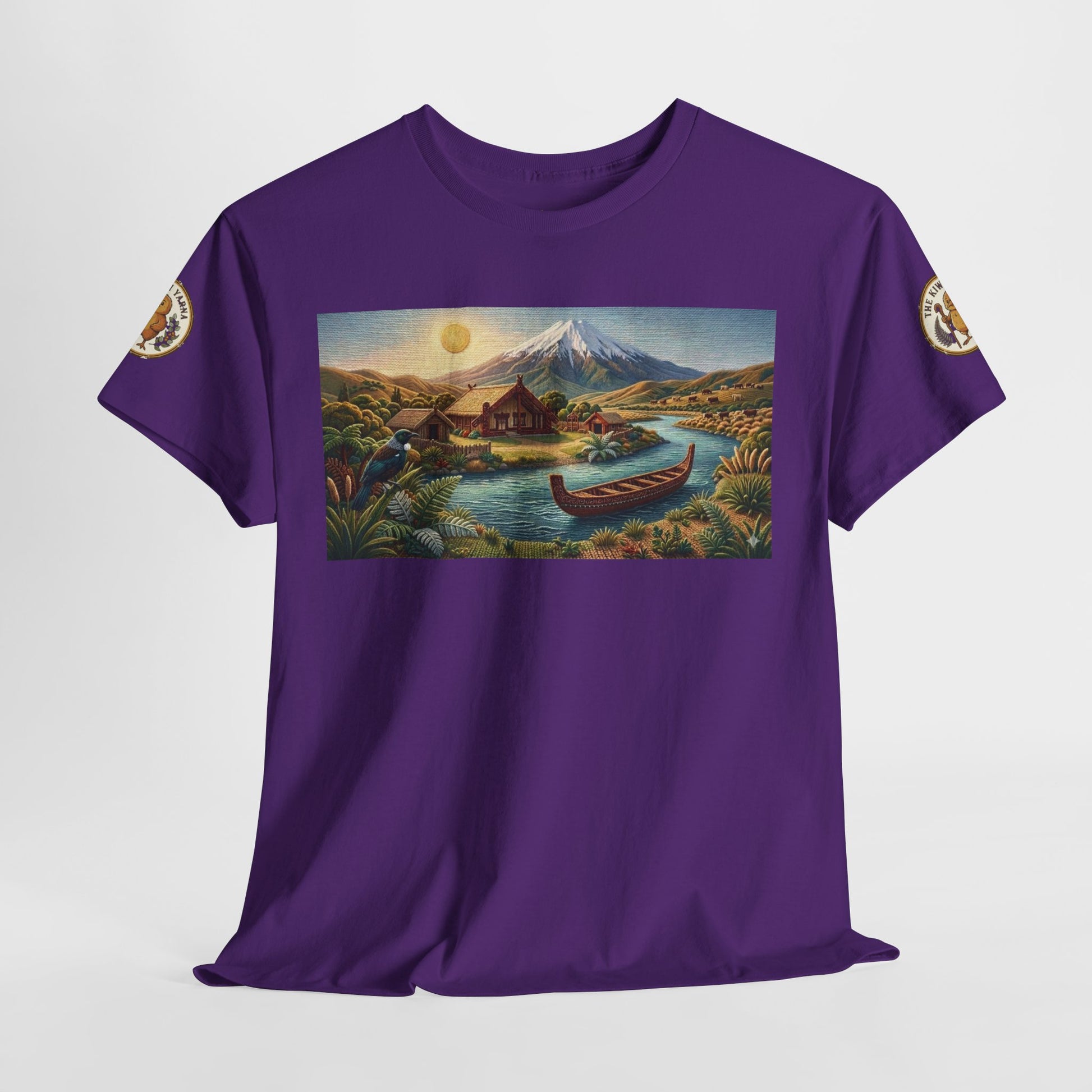 Purple crew-neck T-shirt with front rectangular scenic print and small sleeve emblem