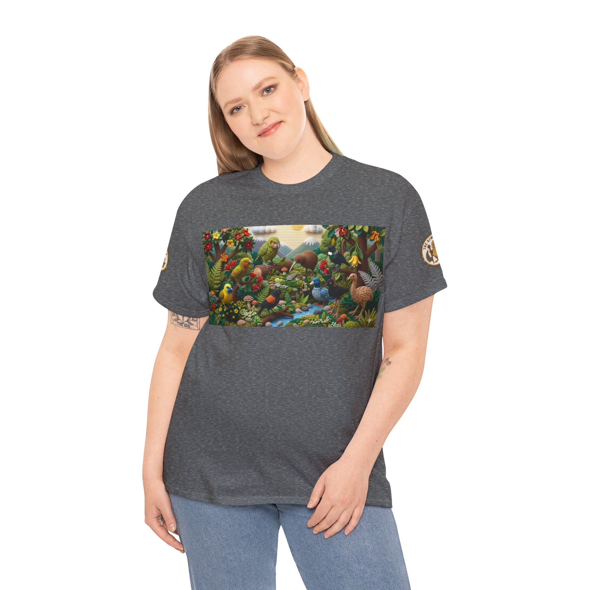 Gray crew-neck T-shirt with colorful birds-and-forest scene front graphic