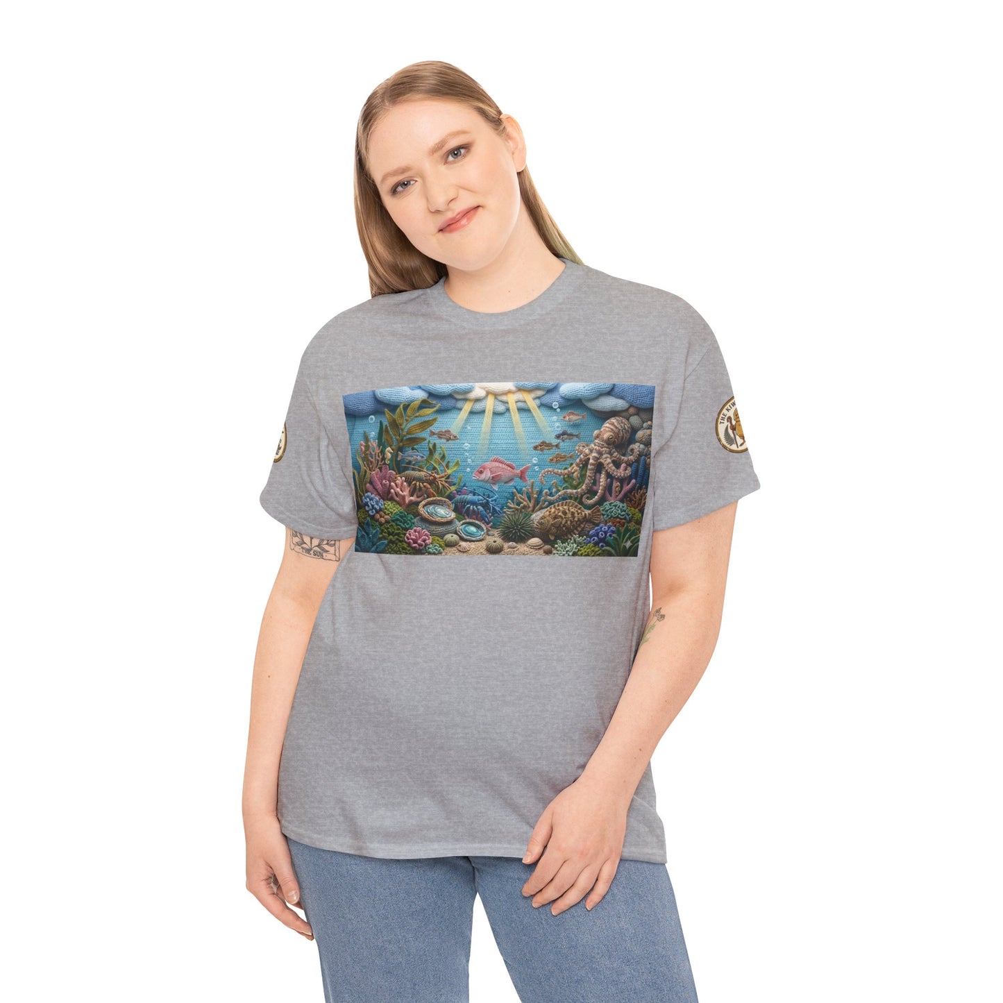 Under the Sea graphic T-shirt in heather gray with rectangular ocean scene chest print
