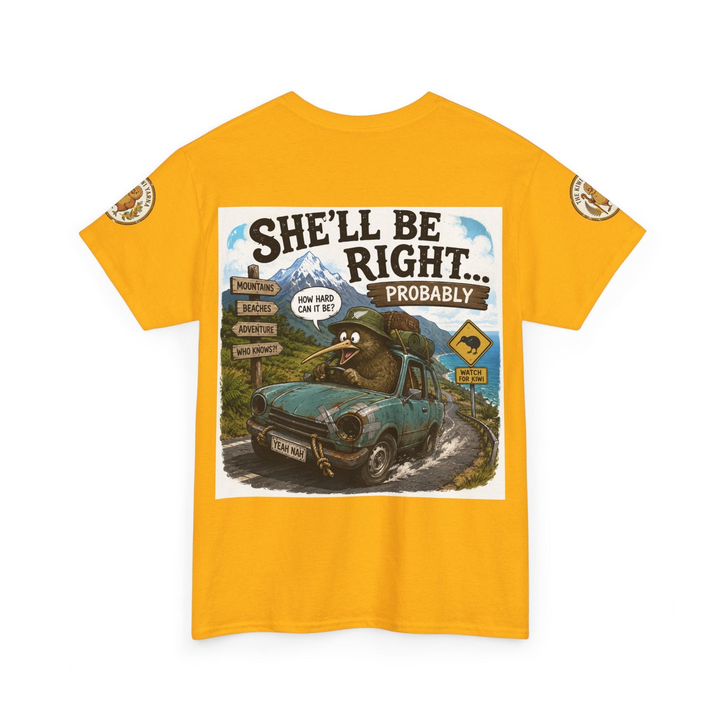 Yellow graphic T-shirt with “She’ll Be Right… Probably” front print and small sleeve patches