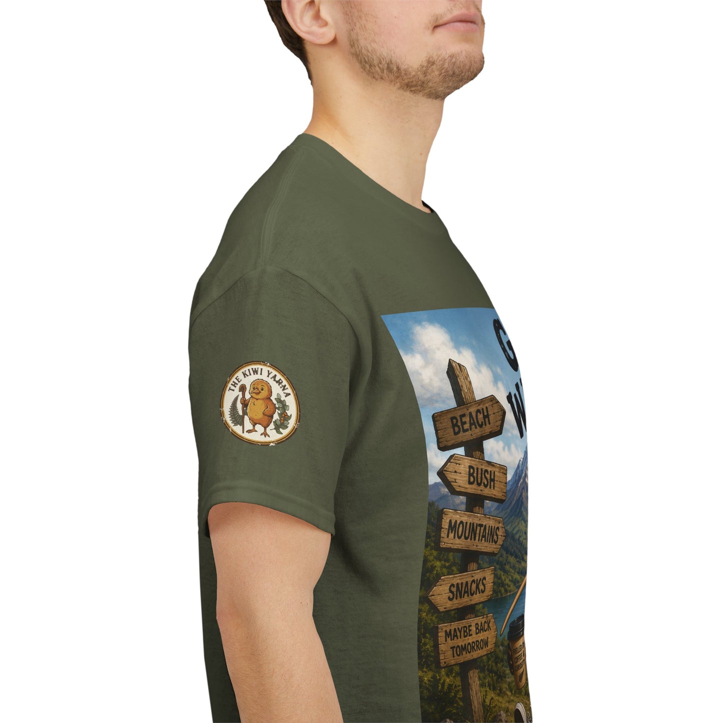 Forest green T-shirt with sleeve emblem and side adventure graphic panel