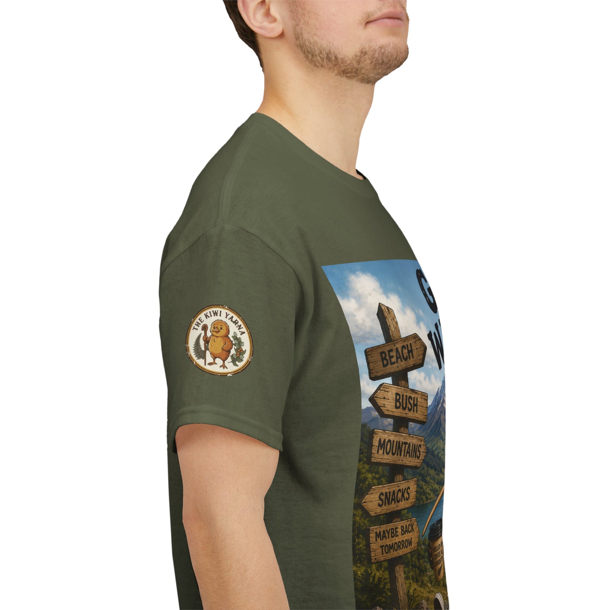 Forest green T-shirt with sleeve emblem and side adventure graphic panel