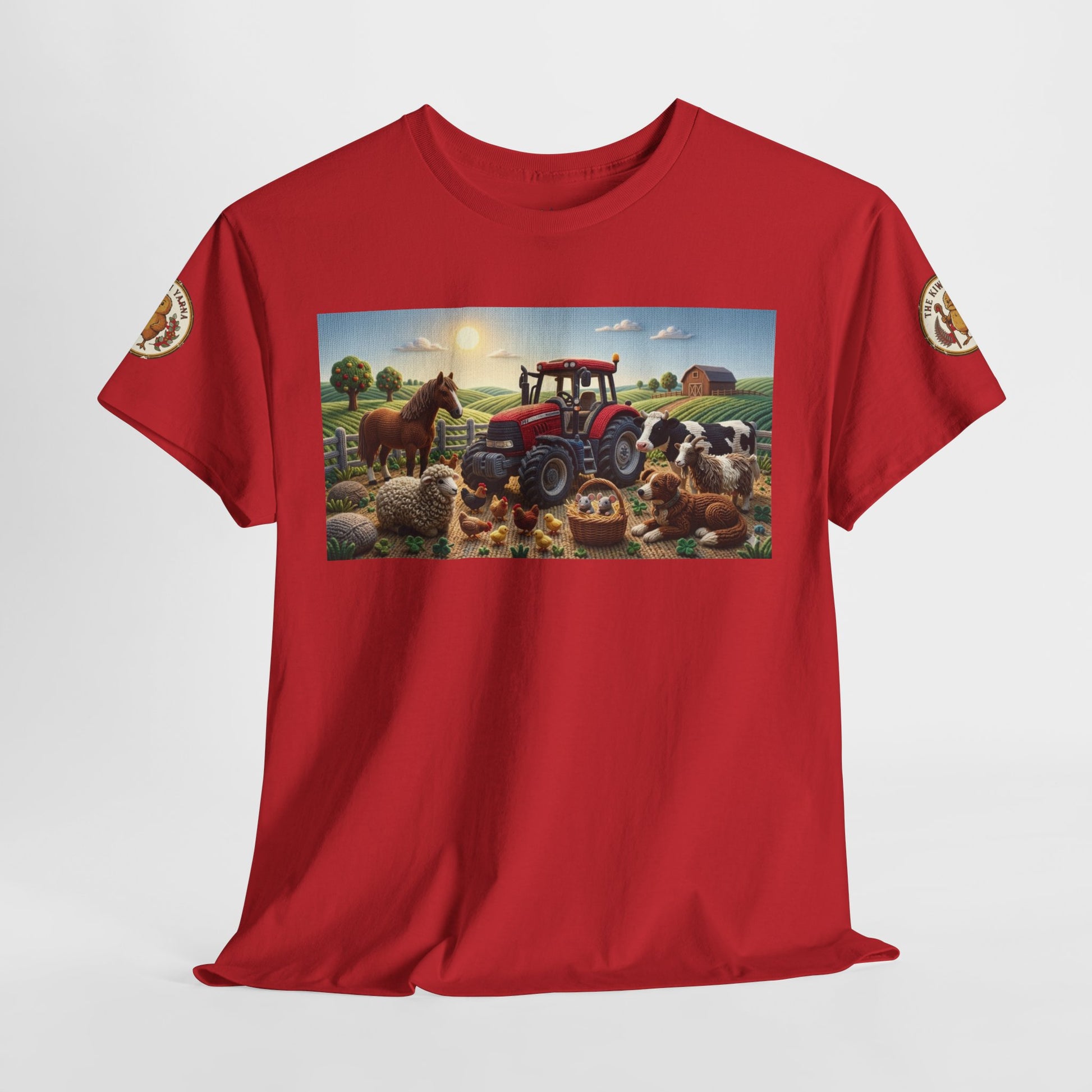 Red crewneck T-shirt with rectangular farm tractor and animals graphic, logo sleeves