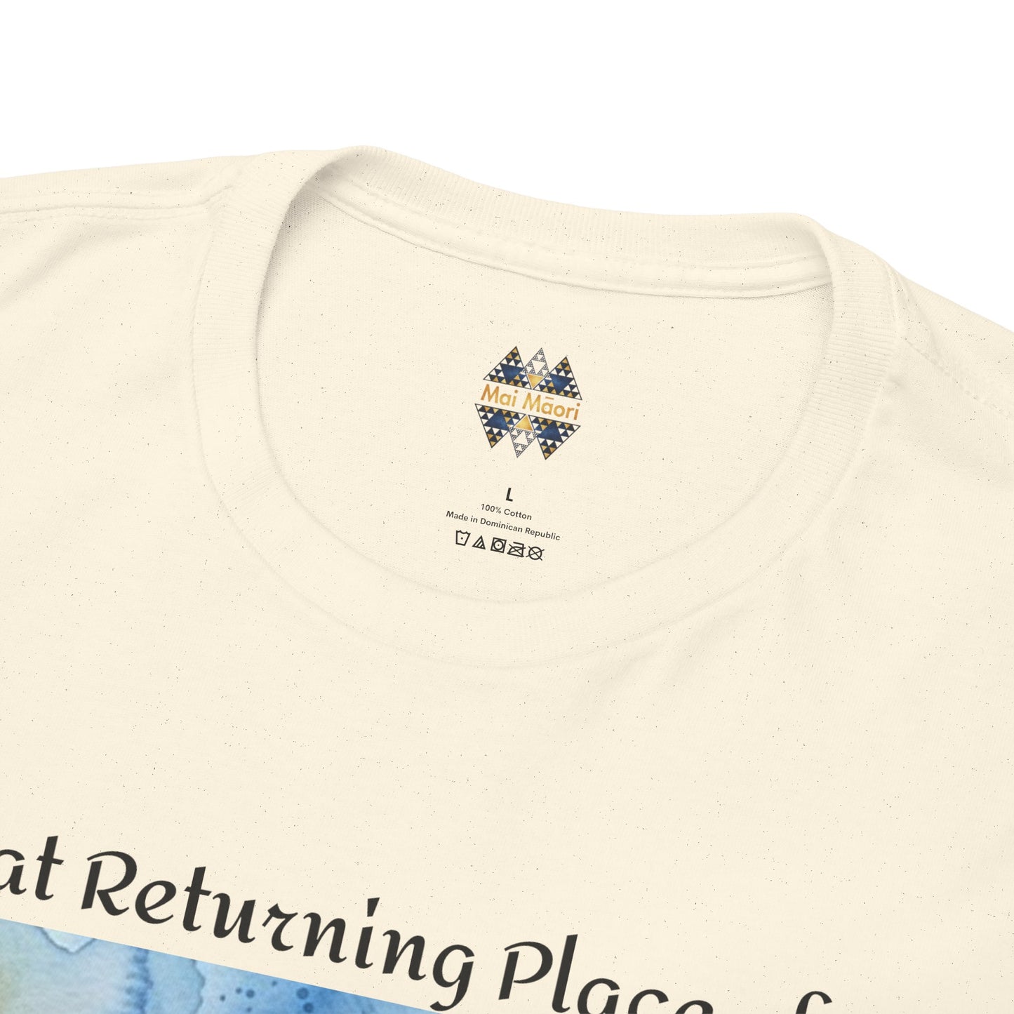 Cream T-shirt neckline with small multicolor chest logo