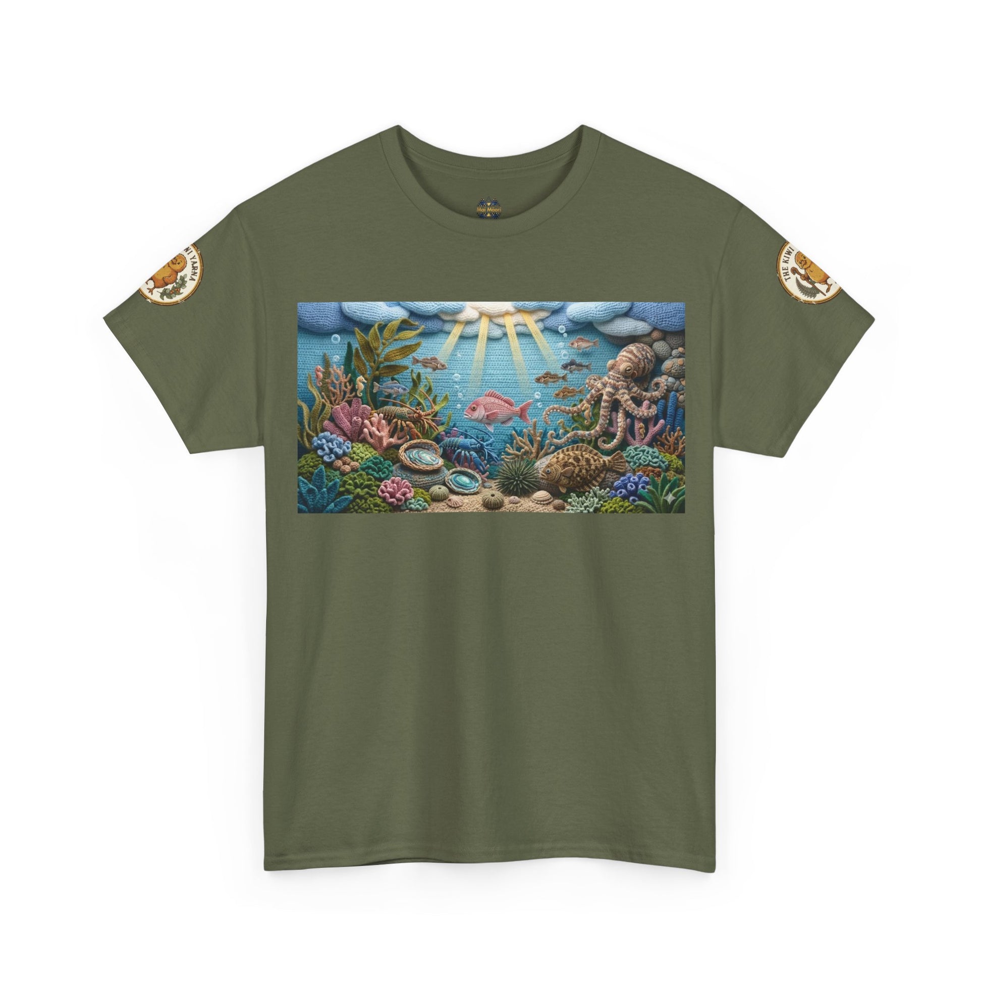 Olive green T-shirt with sea scene graphic and circular shoulder patches