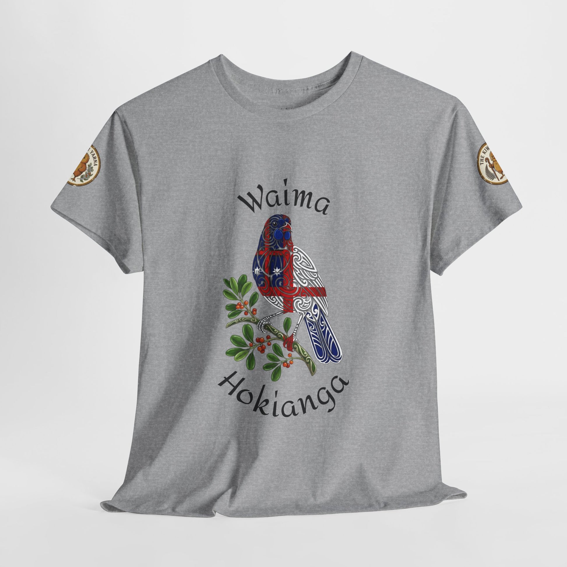 Grey crewneck T-shirt with centered “Waima” bird and “Hokianga” foliage graphic