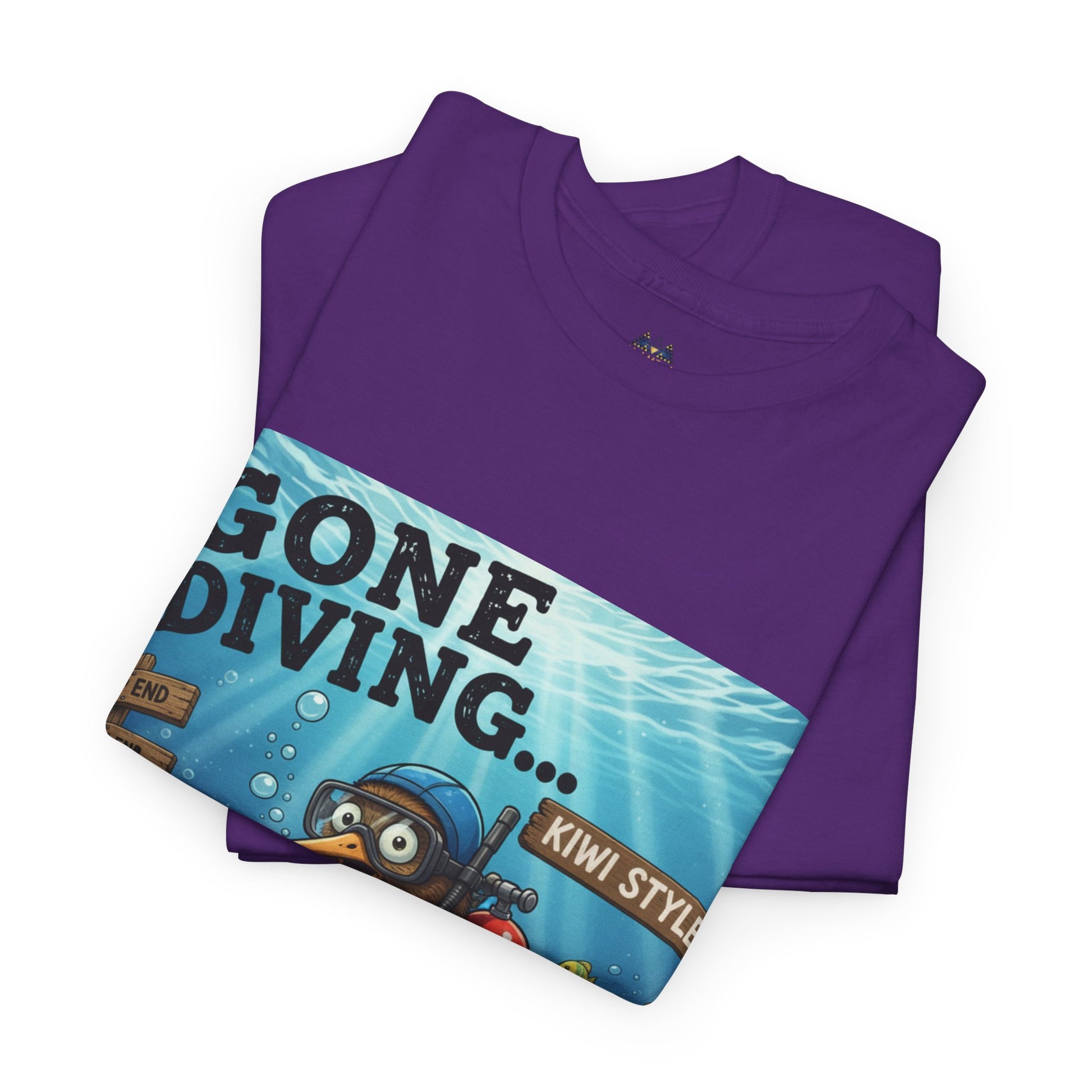 Purple graphic T-shirt with “Gone Diving” ocean diver panel across chest