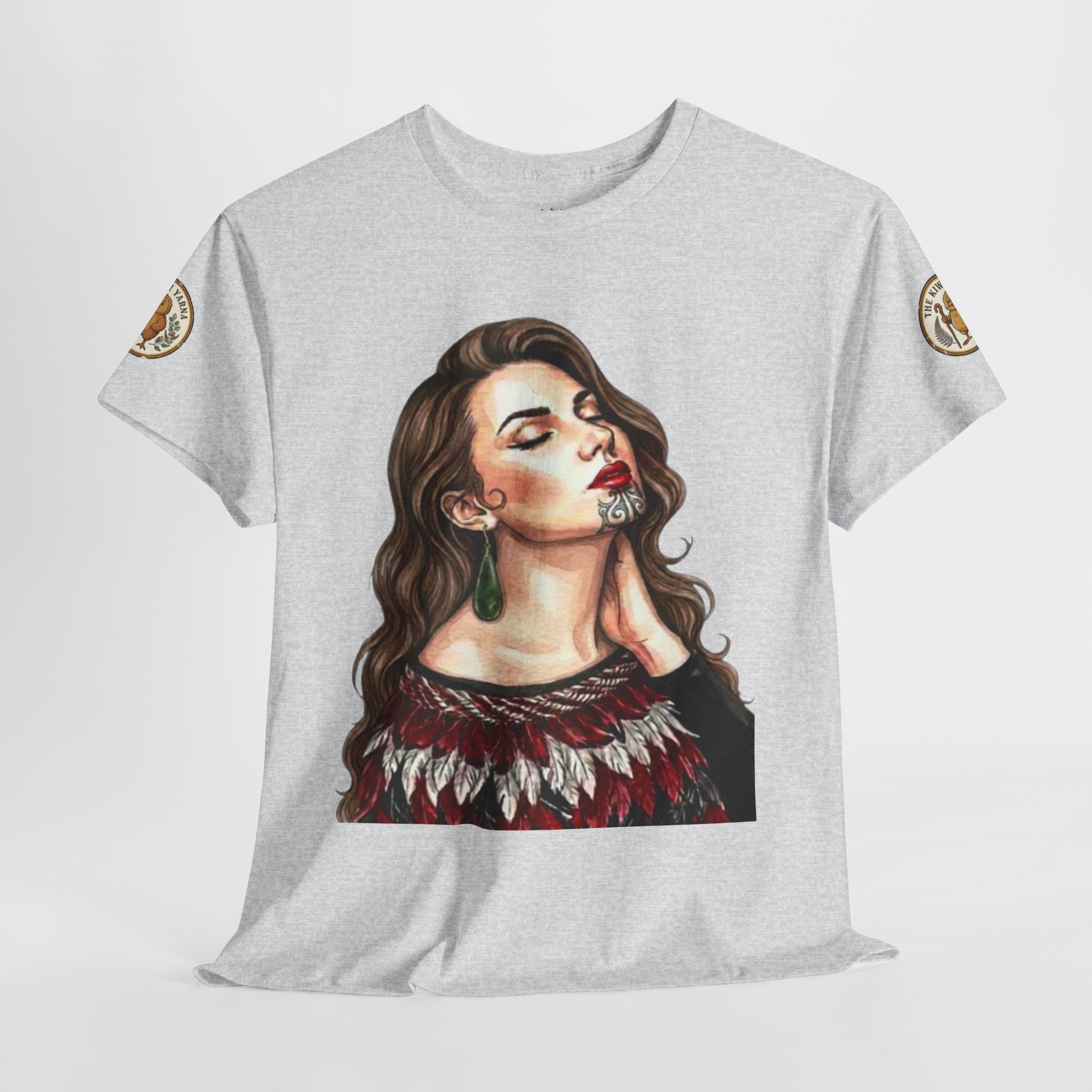 Korowai graphic t-shirt, heather gray; portrait face print front; sleeve badge