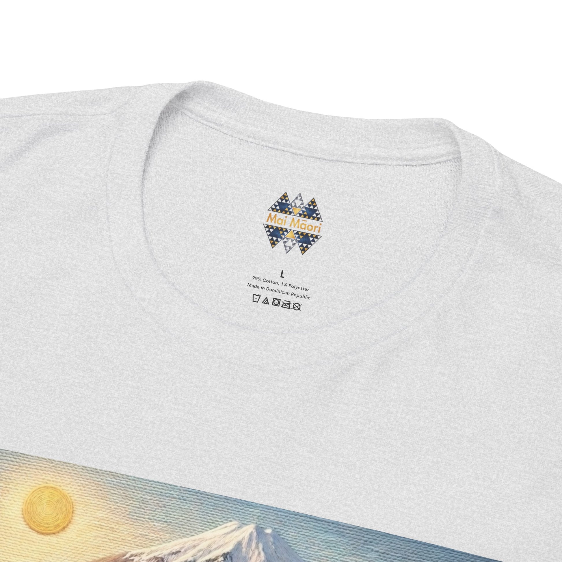 Light gray crew-neck graphic T-shirt close-up of back-neck logo and fabric texture