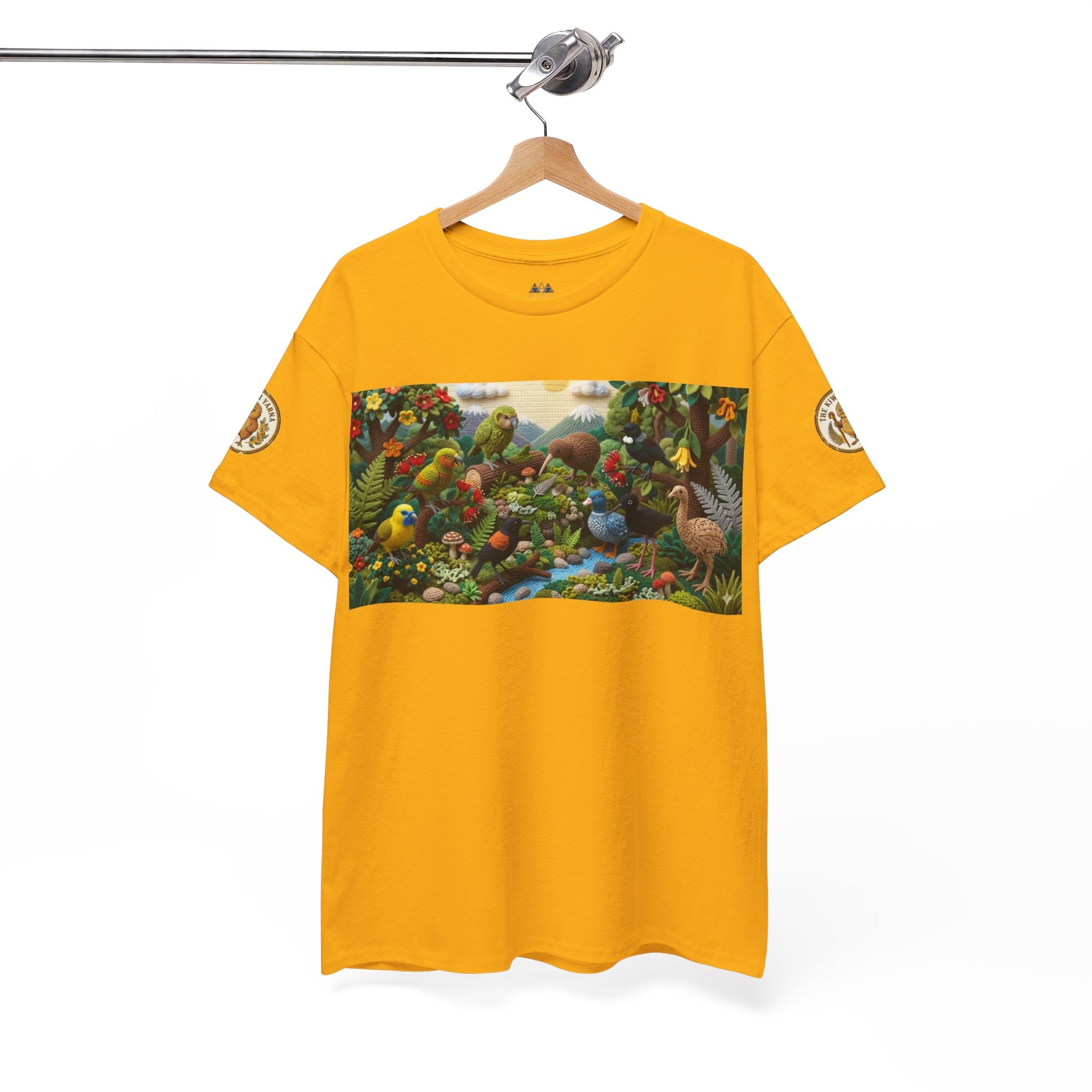 Mustard yellow short-sleeve T-shirt with colorful bird garden graphic panel