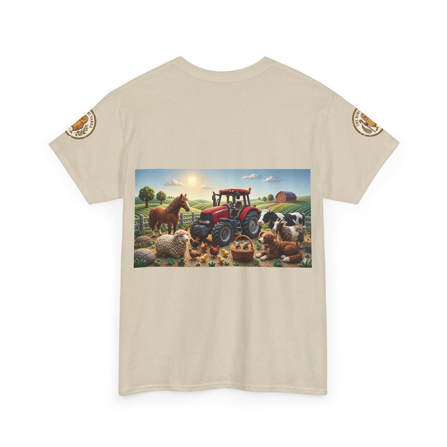 Natural beige T-shirt with front farm scene graphic and circular sleeve patch