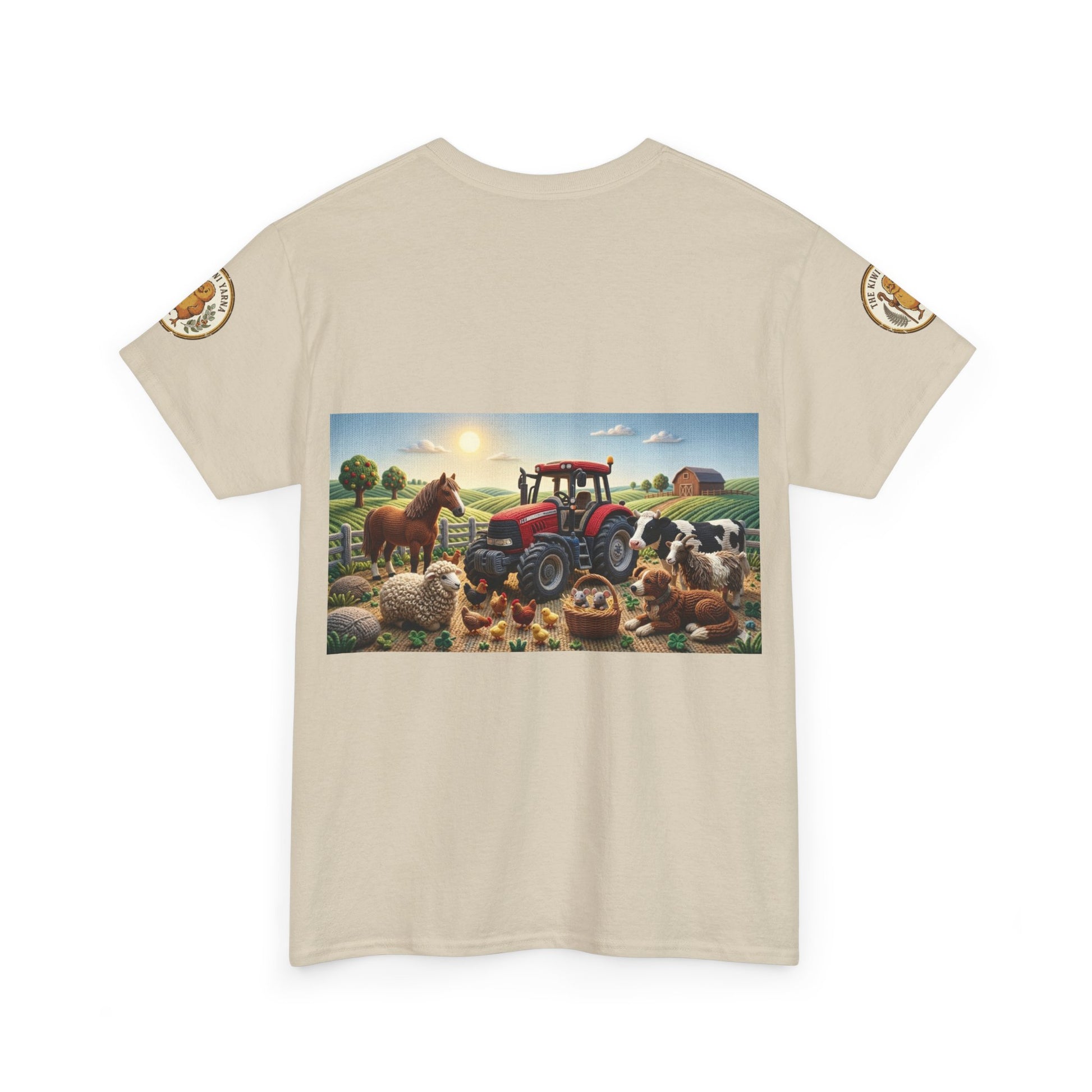 Natural beige T-shirt with front farm scene graphic and circular sleeve patch
