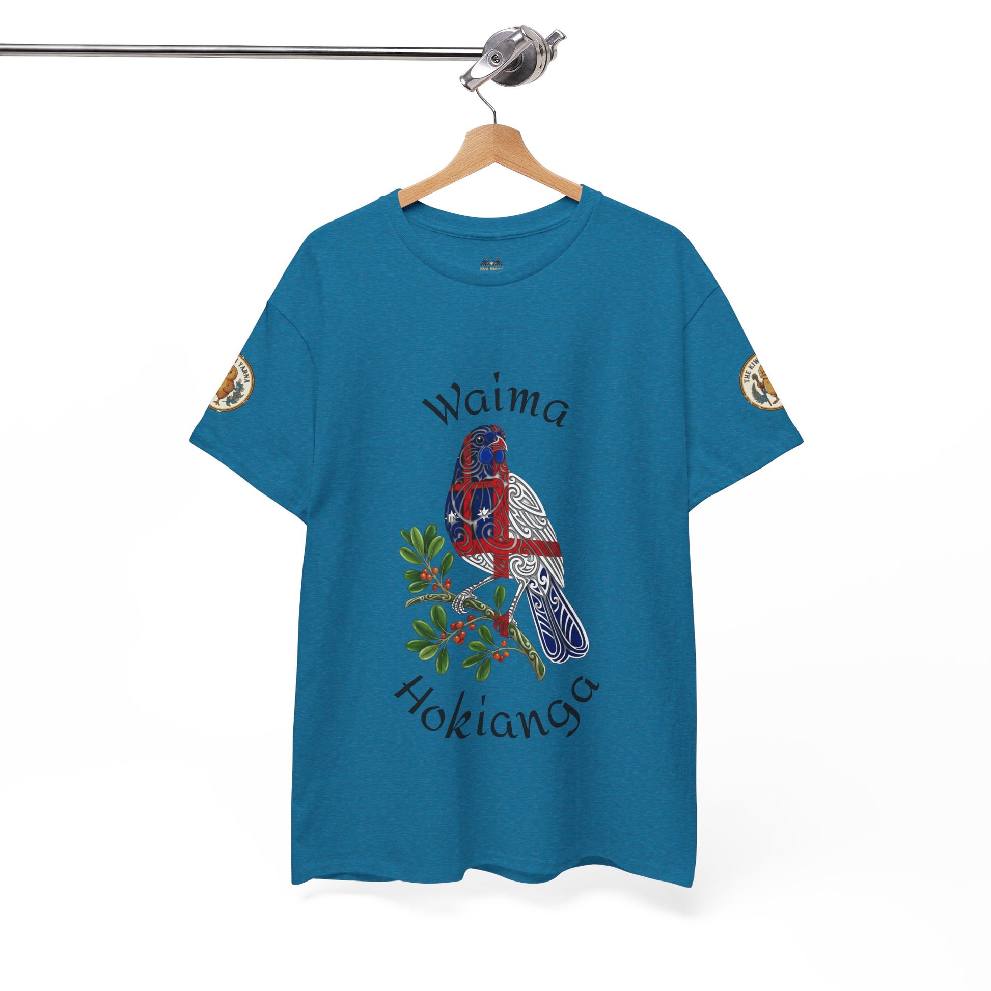 Blue T-shirt with bird and Waima Hokianga graphic print
