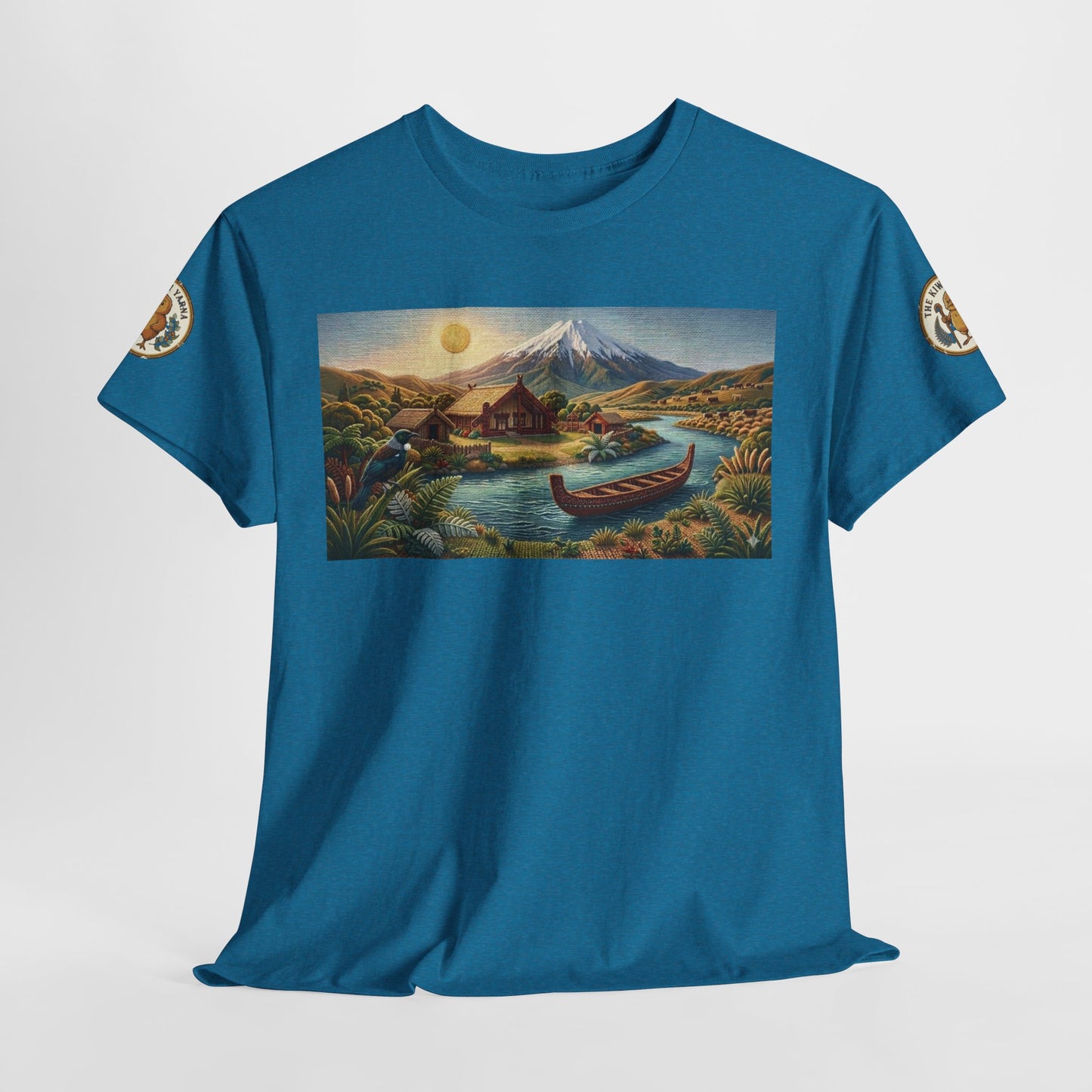 Teal short-sleeve T-shirt with central landscape graphic and sleeve emblem patches