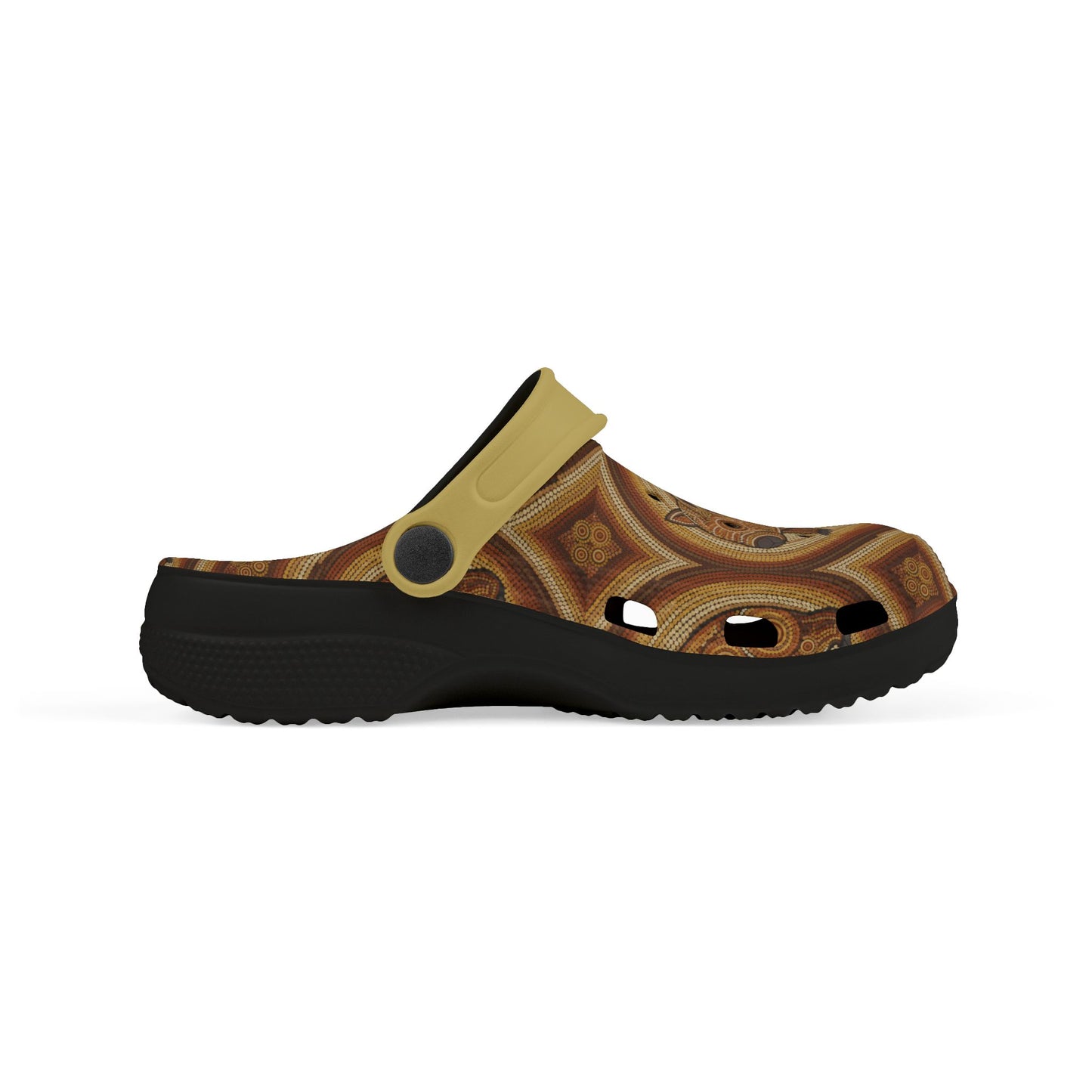 Patterned slip-on casual clogs with yellow strap and dark sole, side profile.