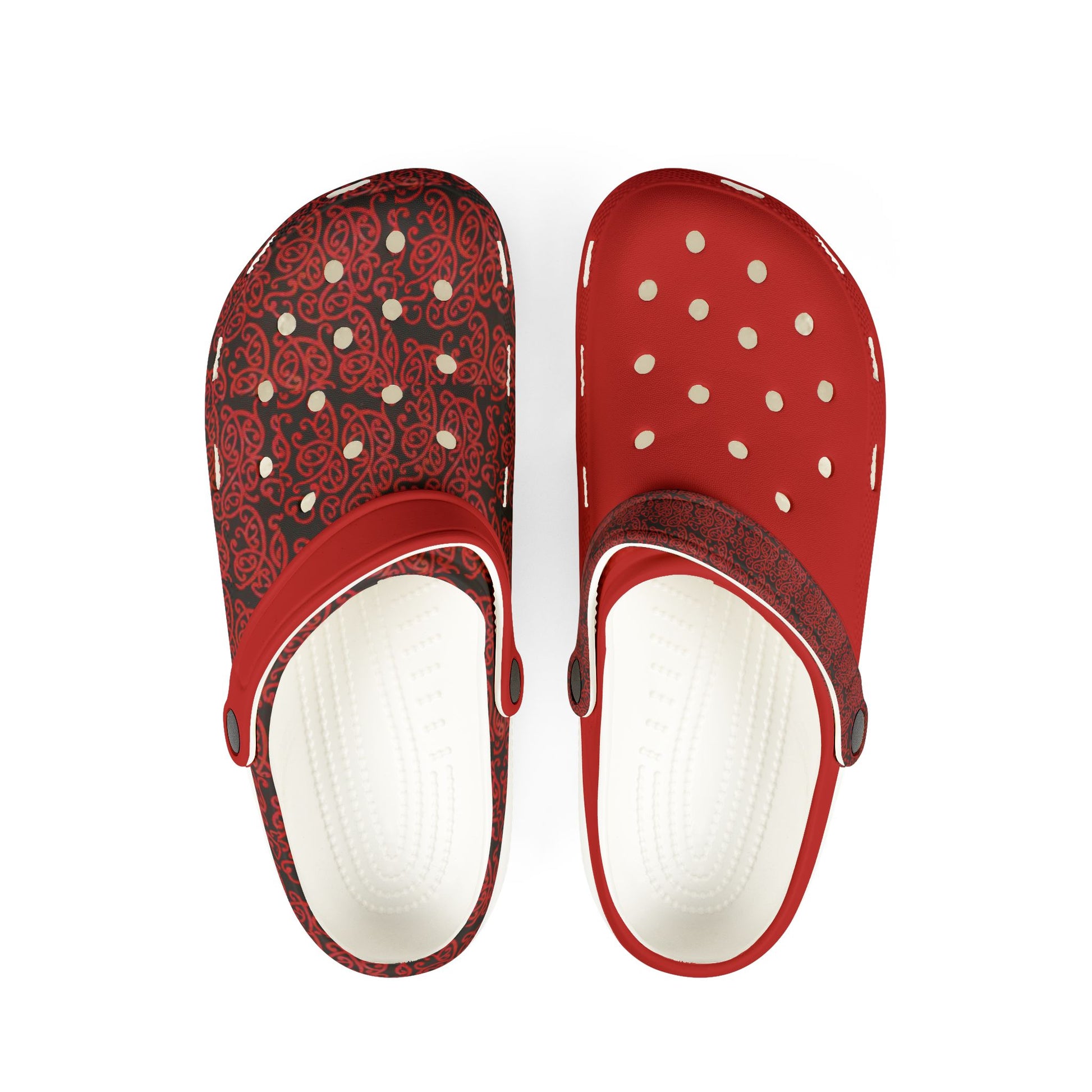 Red and black slip-on clog shoes with patterned uppers and ventilation holes