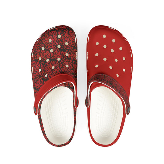 Red and black slip-on clog shoes with patterned uppers and ventilation holes