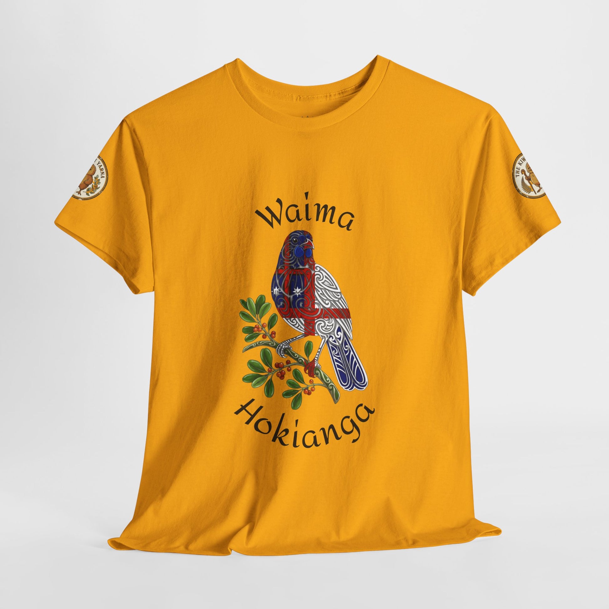 Orange graphic T-shirt with central bird print and sleeve emblems