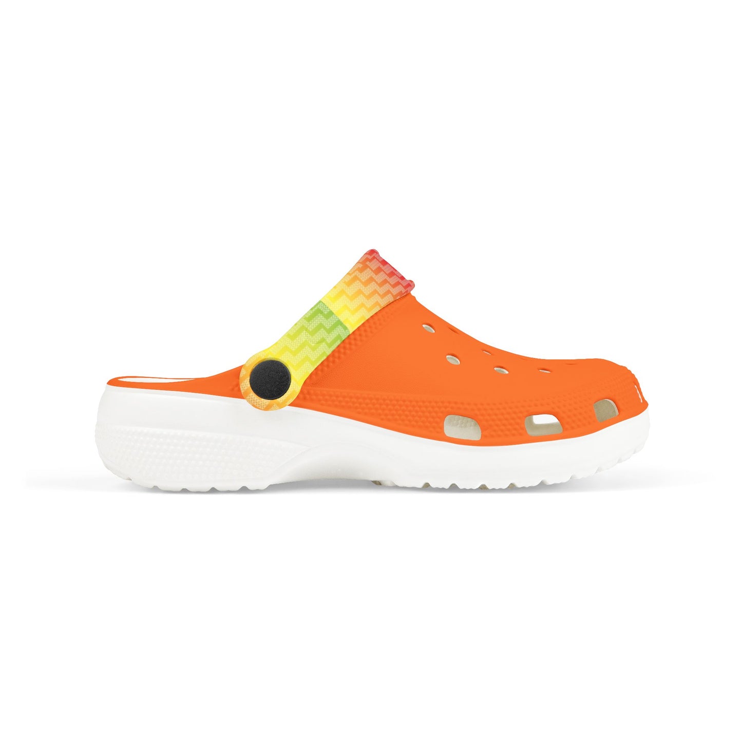Croc-style slip-on clogs with orange upper, neon-yellow strap, and white sole