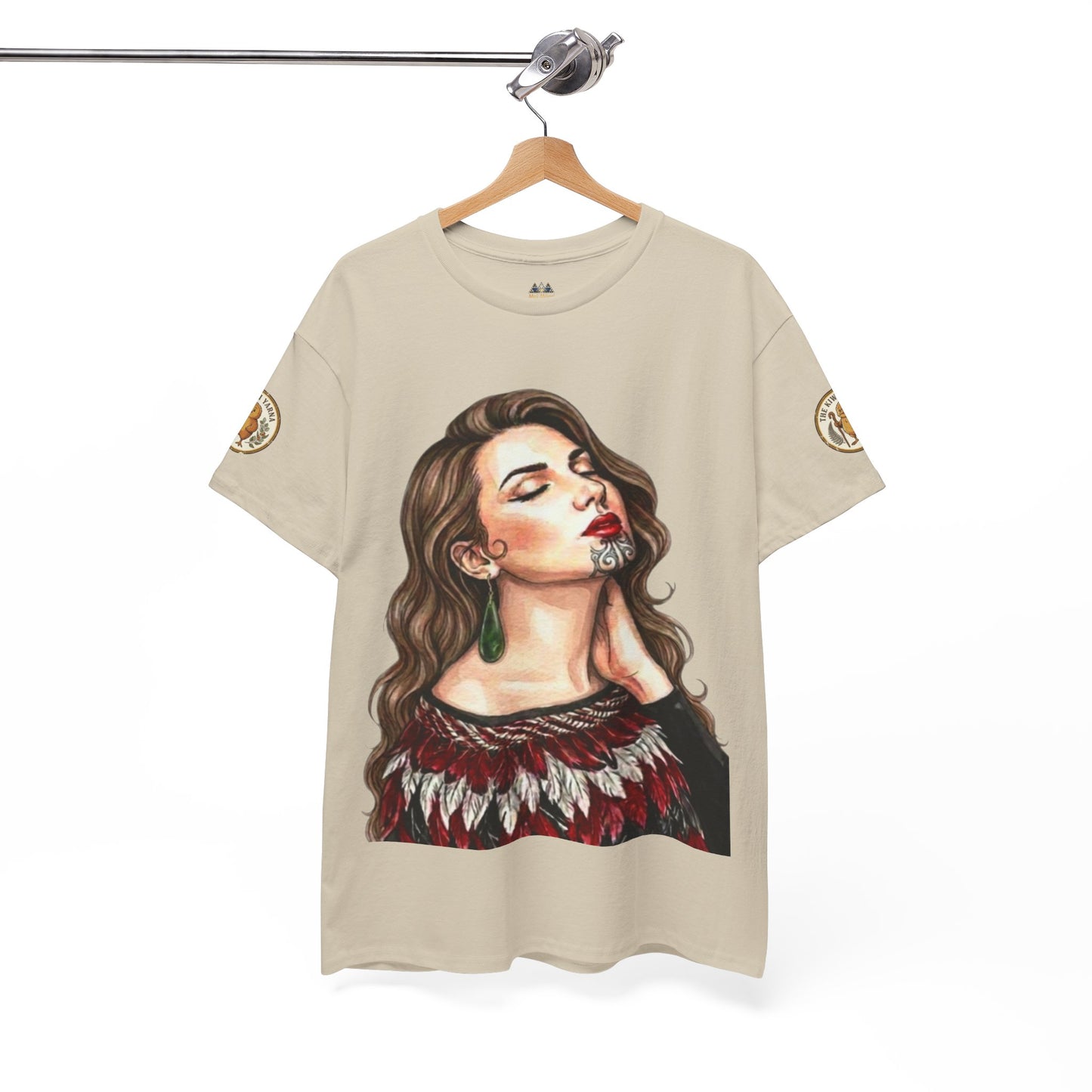 Beige graphic T-shirt with portrait of a woman and red patterned neckline