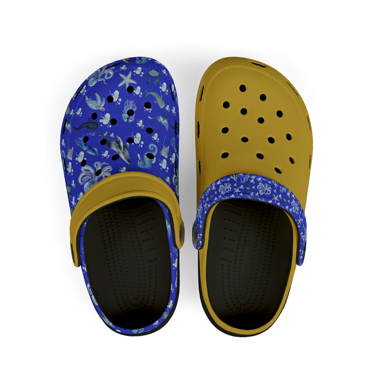 Kids' slip-on clog shoes with blue sea-print tops and gold perforated straps, dark insoles.