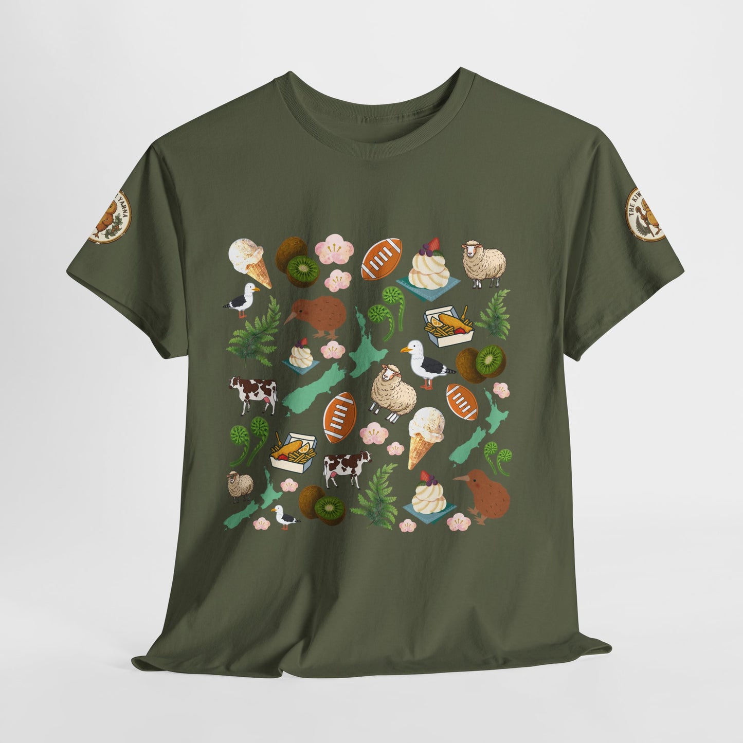 Dark green crewneck T-shirt with colorful Kiwiana-themed pattern graphic across front