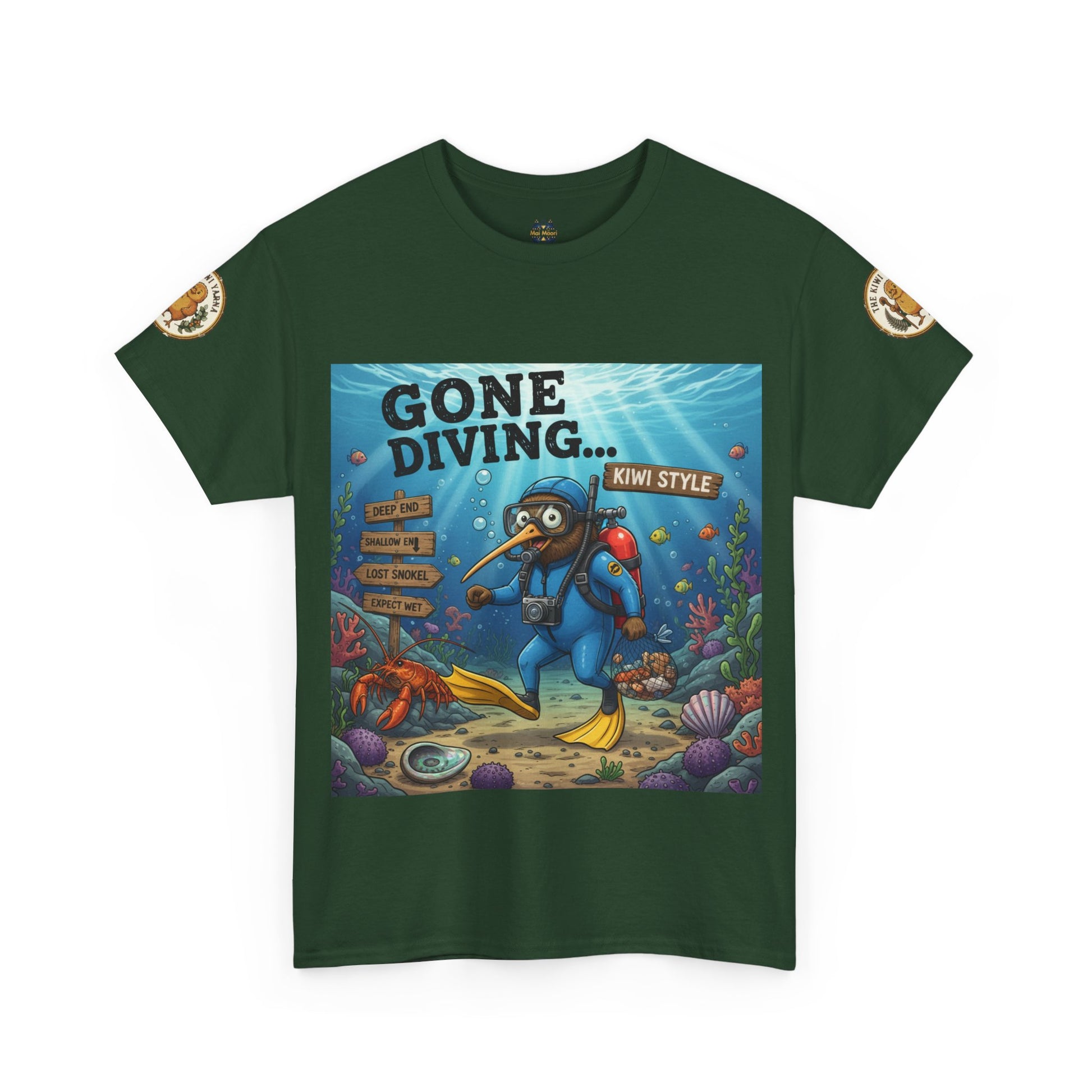 Kids' emerald-green graphic T-shirt with diver front print and circular sleeve patches.