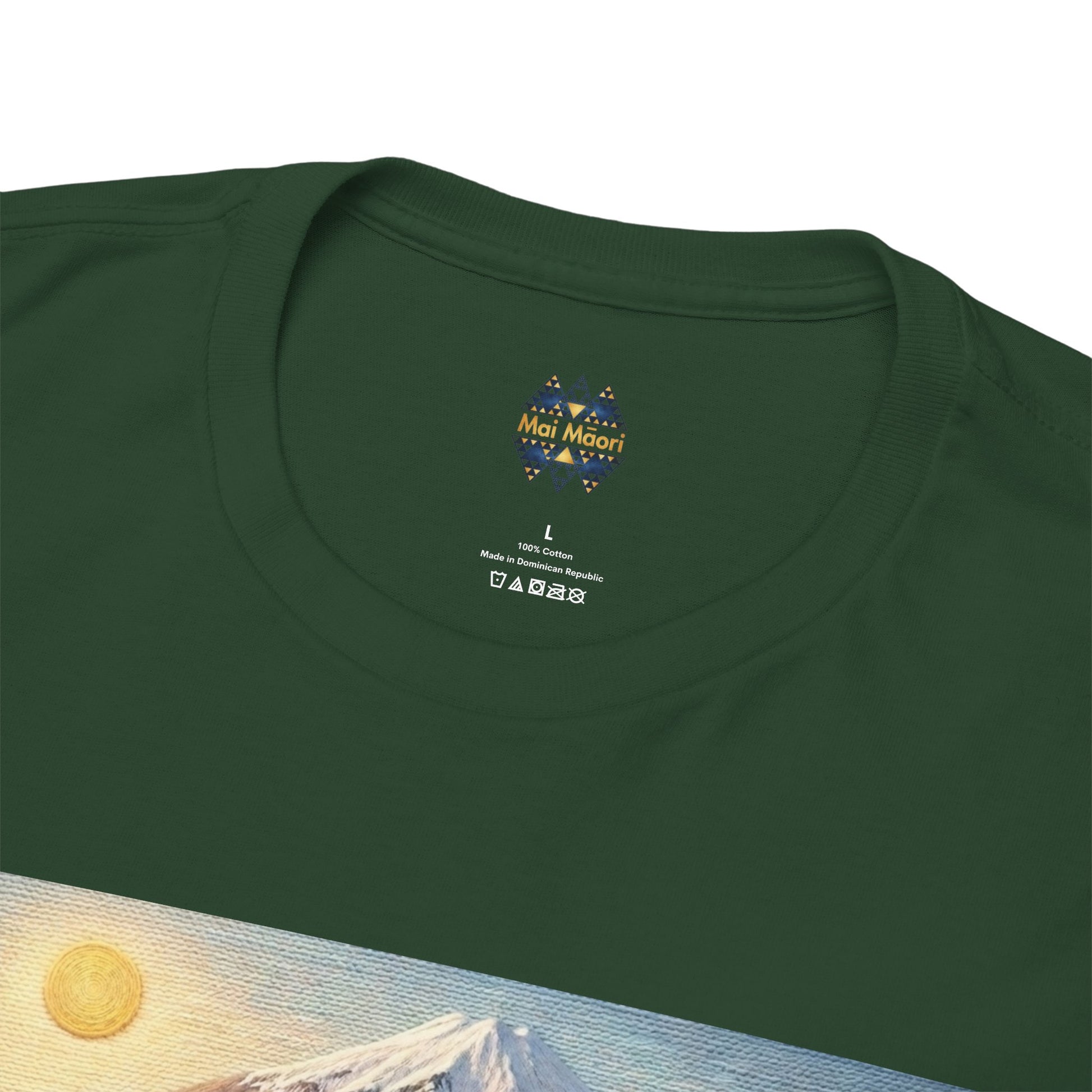 Dark green T-shirt neckline with small chest logo and printed size label