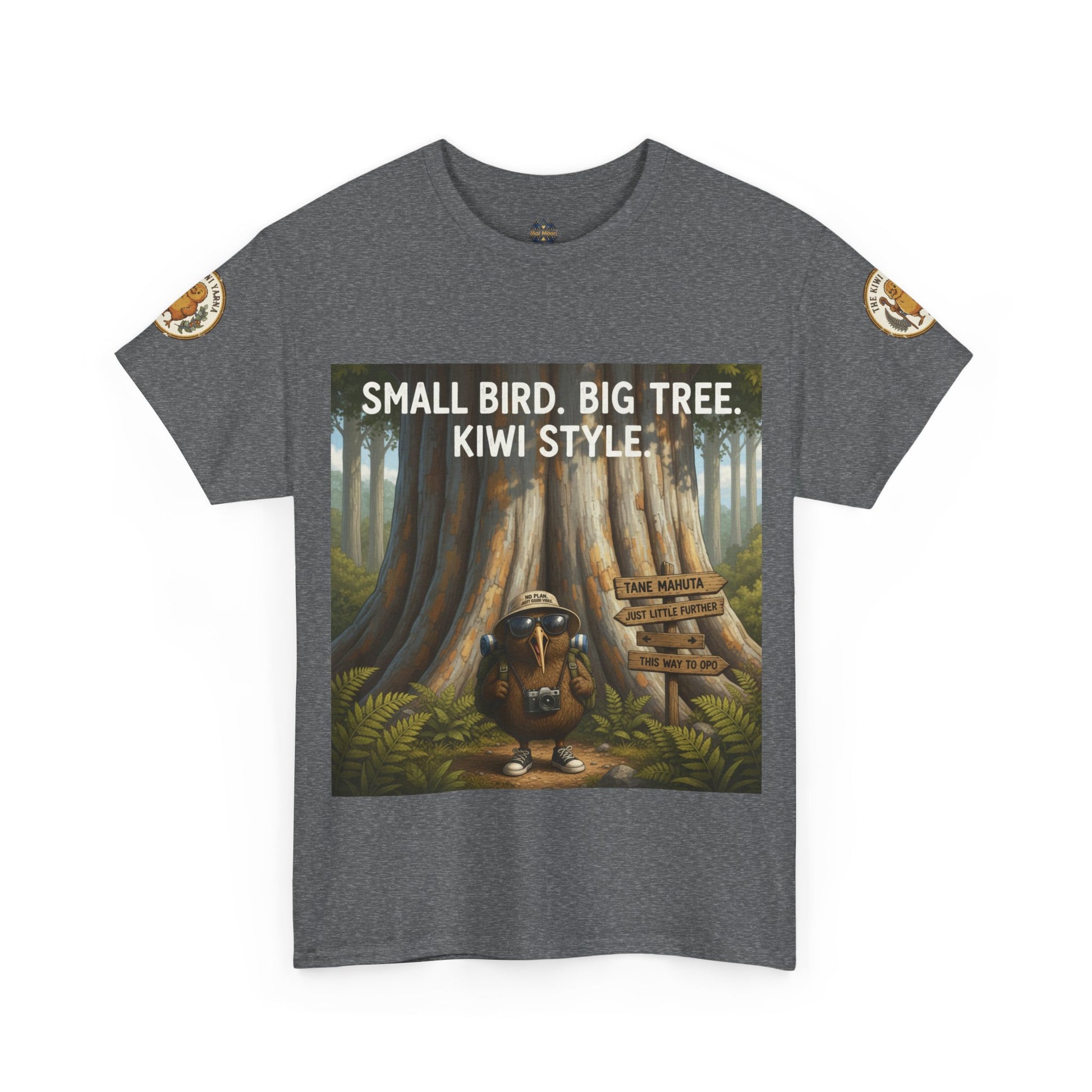 Charcoal gray graphic T-shirt with bird-and-tree scene print, short sleeves