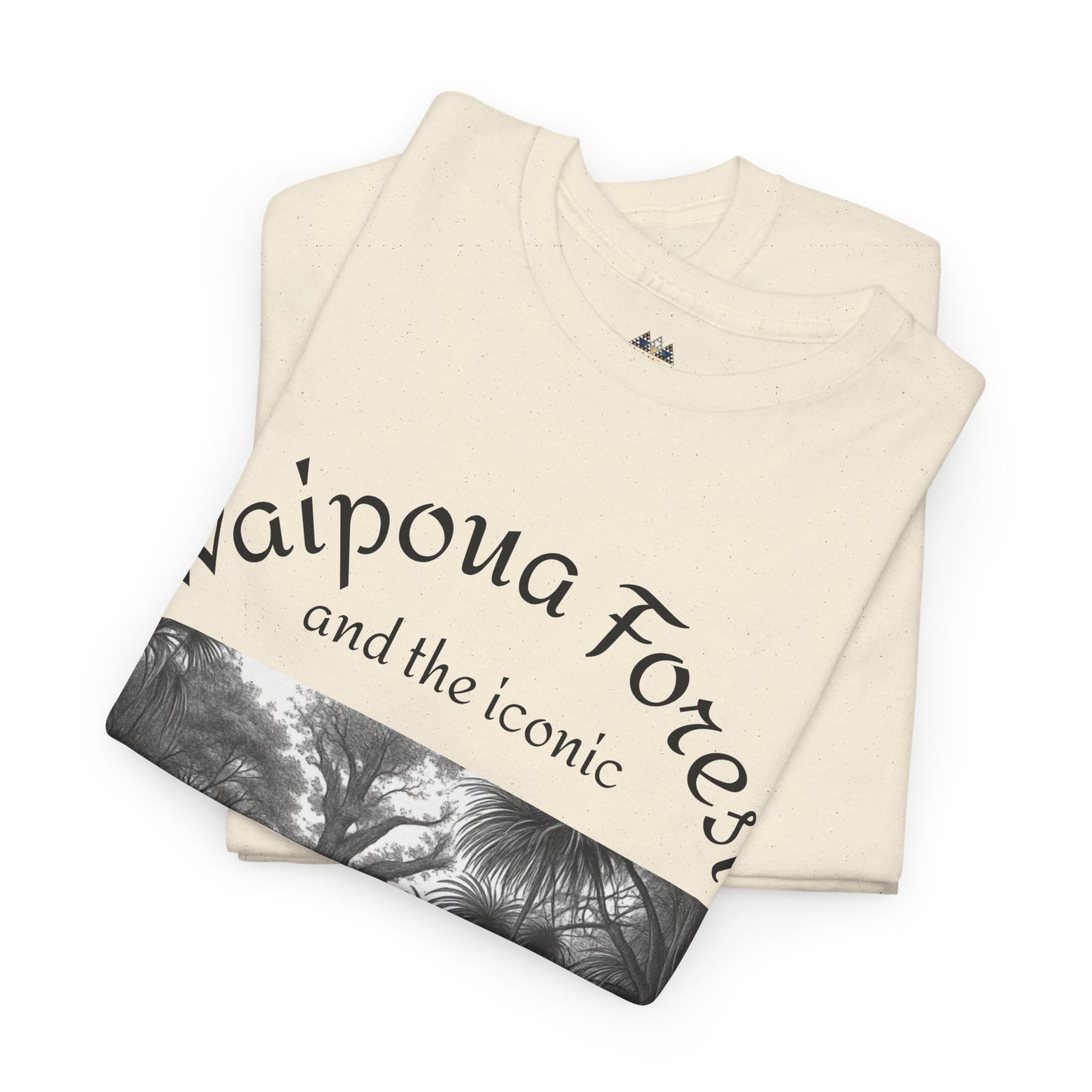 Off-white T-shirt folded, front Waipoua Forest forest graphic and Tane Mahuta text
