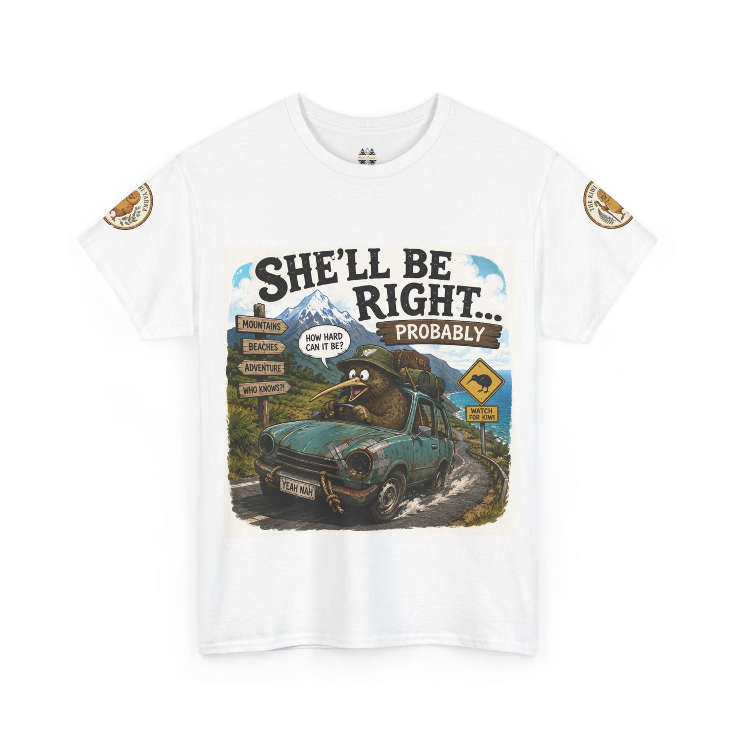 White graphic T-shirt with front print and round sleeve logo patches.