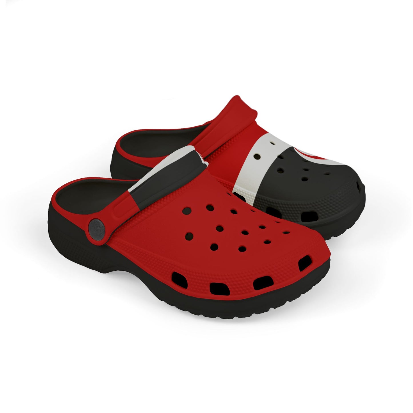 Red and black clog with white strap, perforated side panel, and thick tread sole