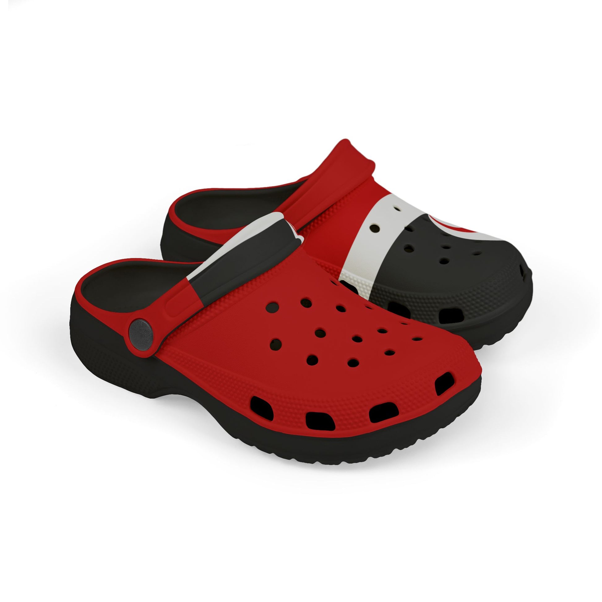 Red and black clog with white strap, perforated side panel, and thick tread sole